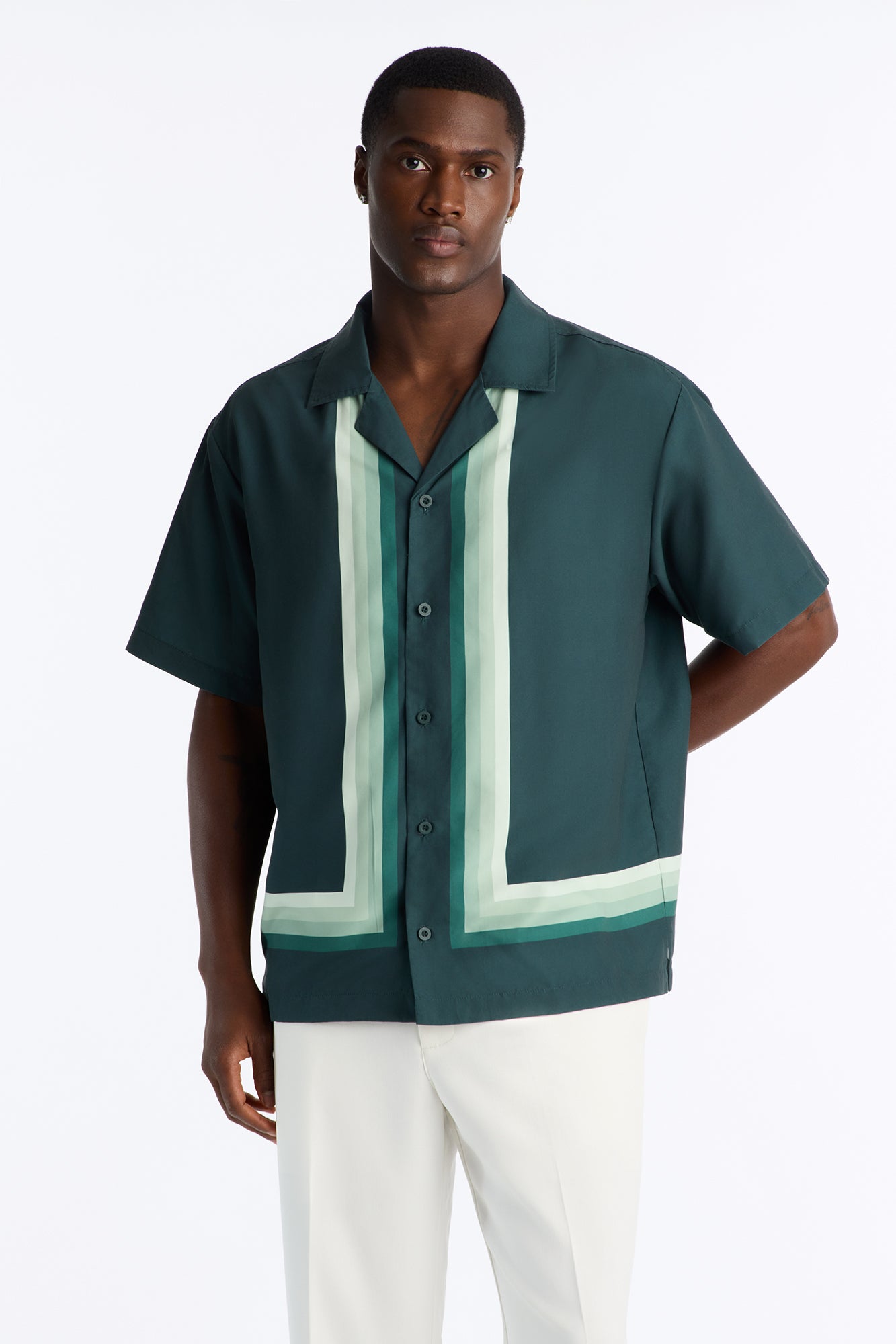 Level Up Relaxed Cuban Collar Button Up Shirt - Green/combo