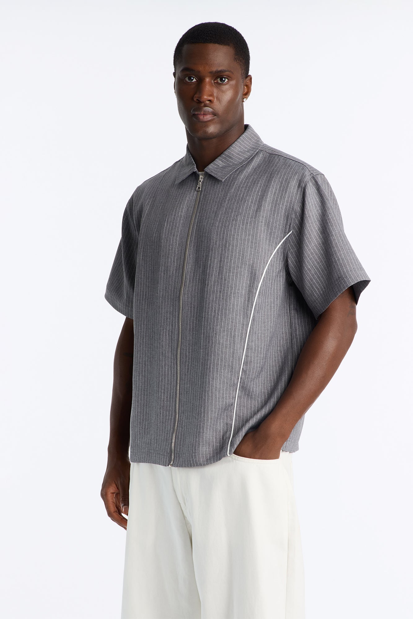 Relaxed Collegiate Pinstripe Zip Up Shirt - Grey/combo