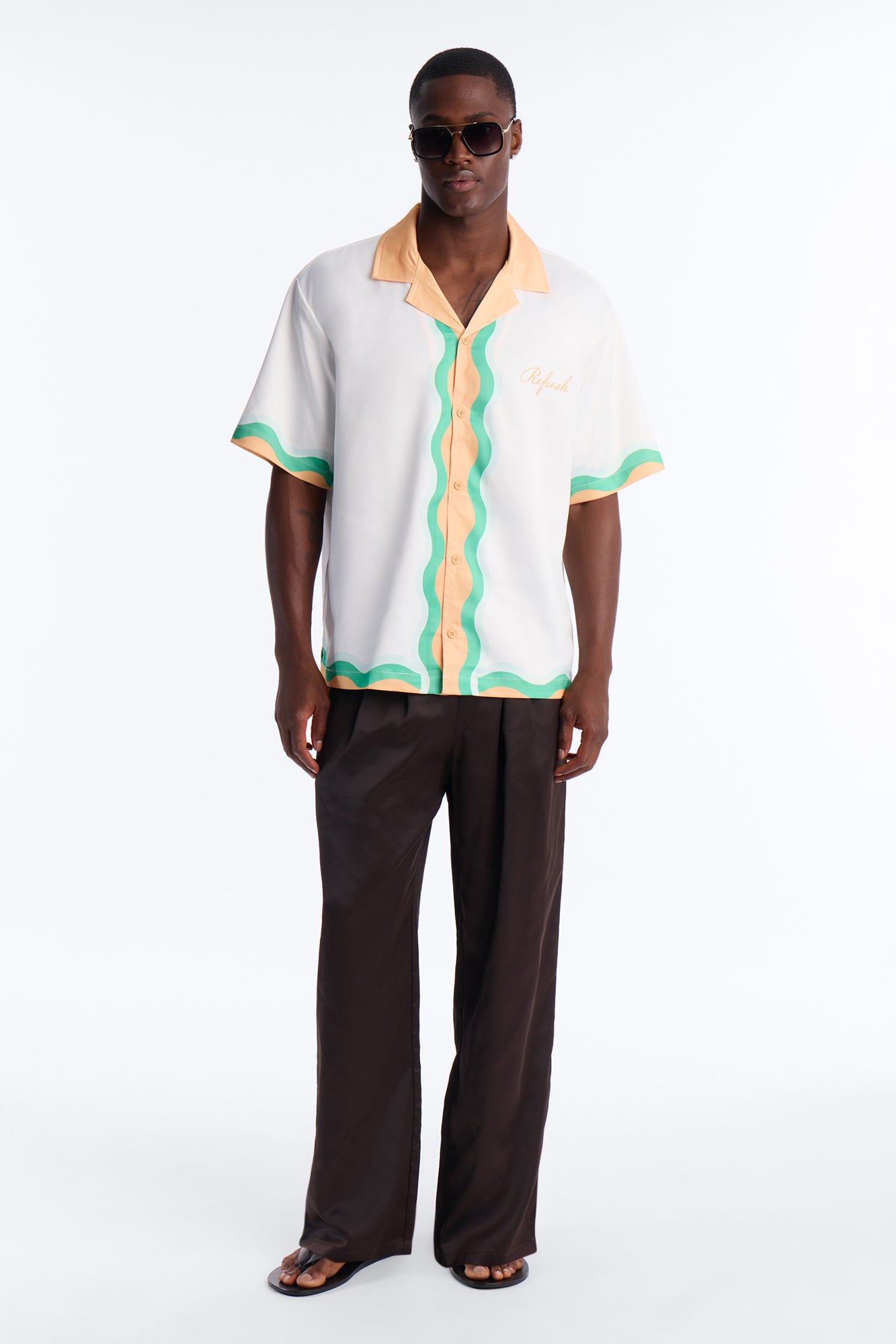Relaxed Palm Oasis Cuban Collar Satin Button Up Shirt - Orange/combo