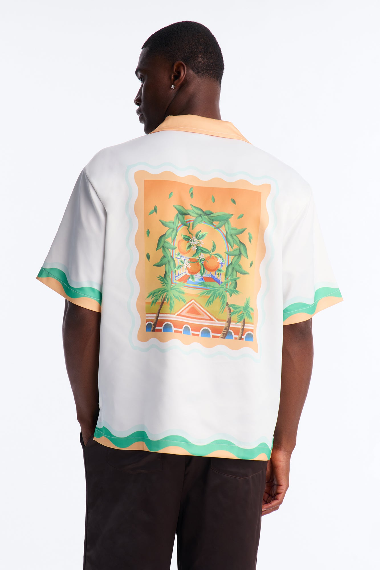 Relaxed Palm Oasis Cuban Collar Satin Button Up Shirt - Orange/combo