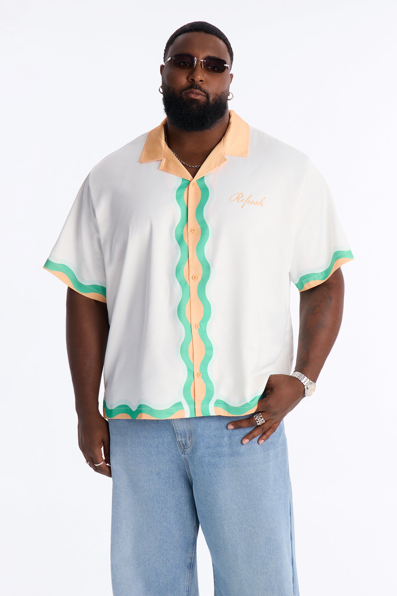 Relaxed Palm Oasis Cuban Collar Satin Button Up Shirt - Orange/combo