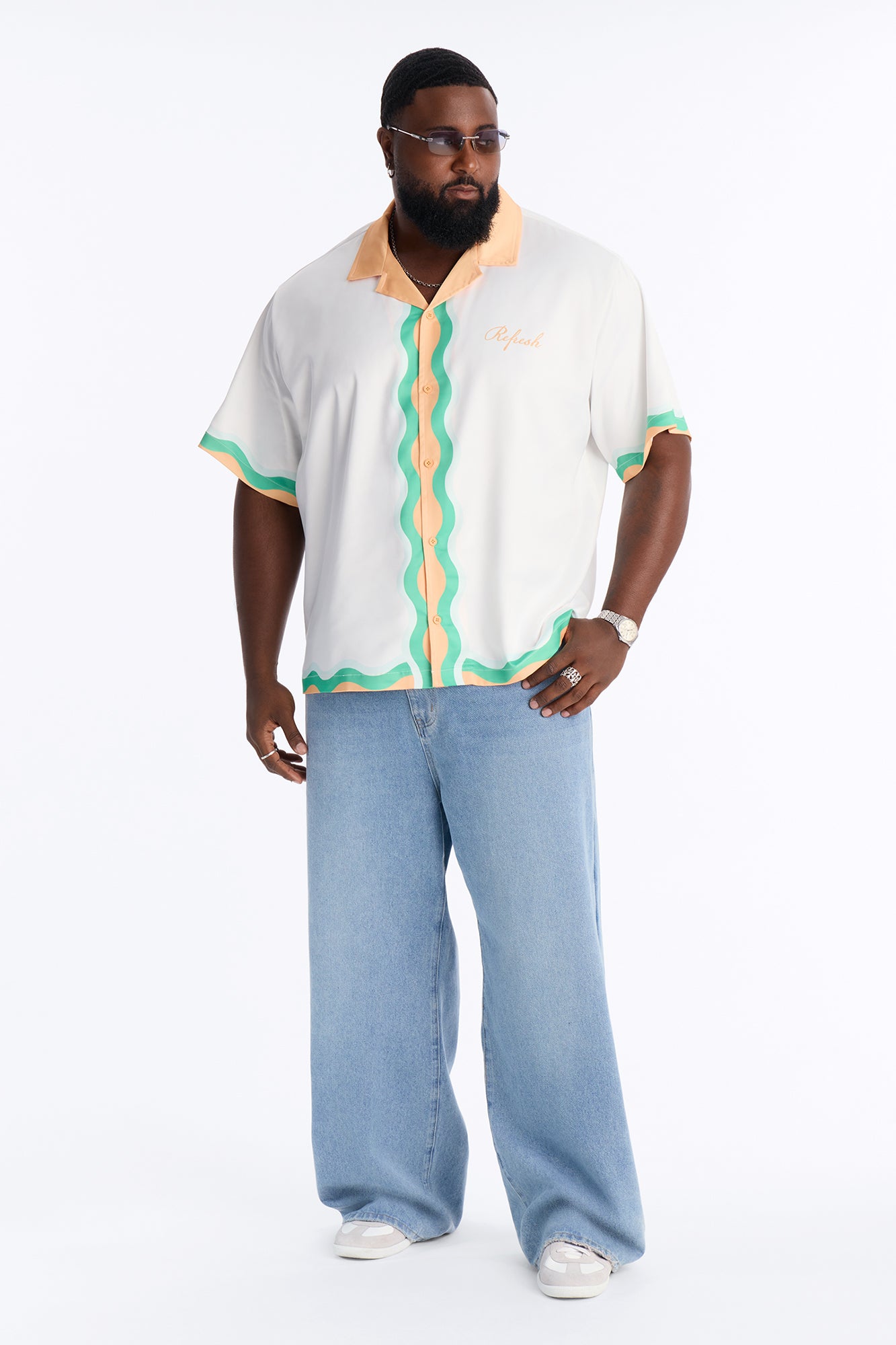 Relaxed Palm Oasis Cuban Collar Satin Button Up Shirt - Orange/combo