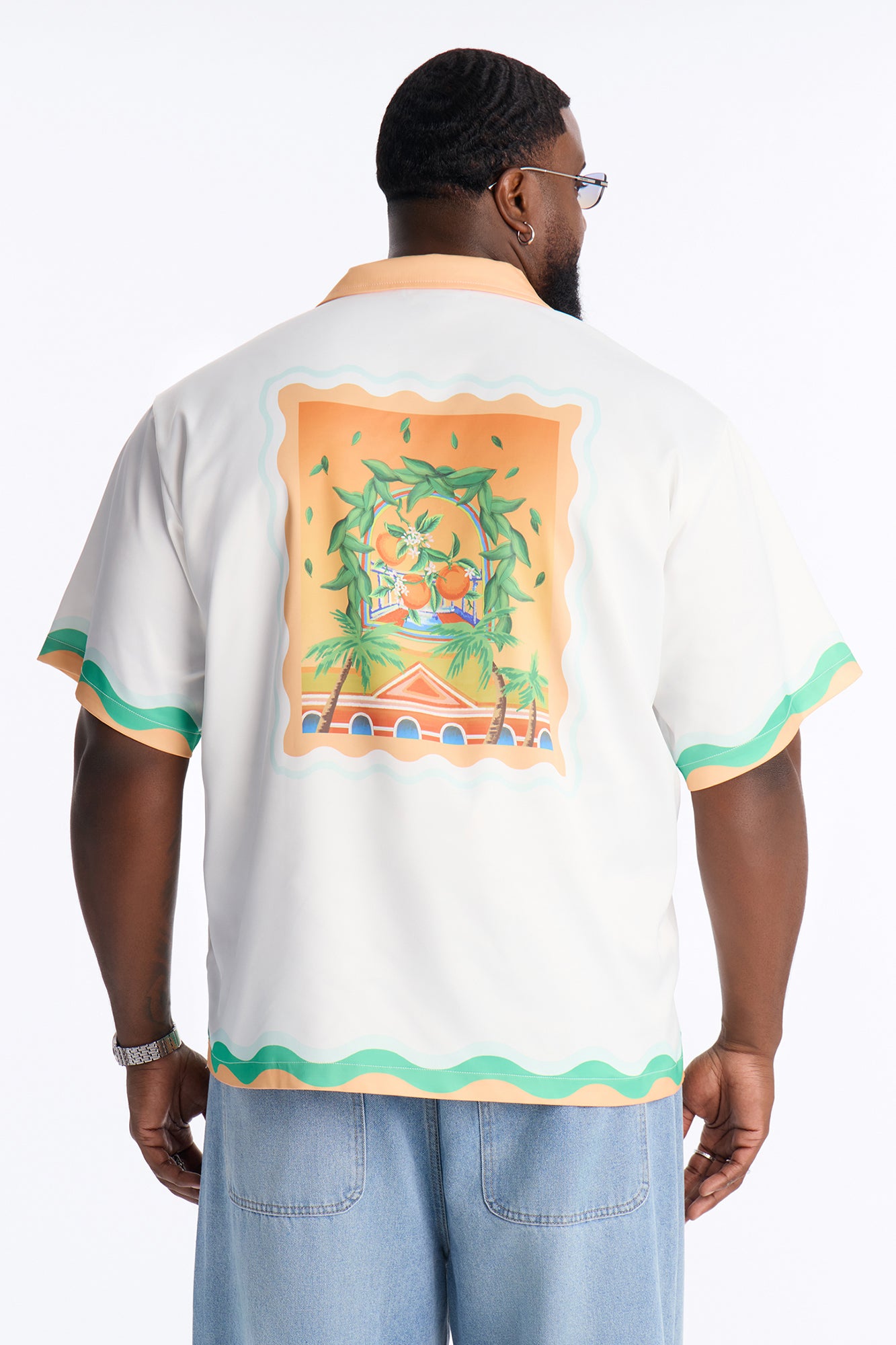 Relaxed Palm Oasis Cuban Collar Satin Button Up Shirt - Orange/combo