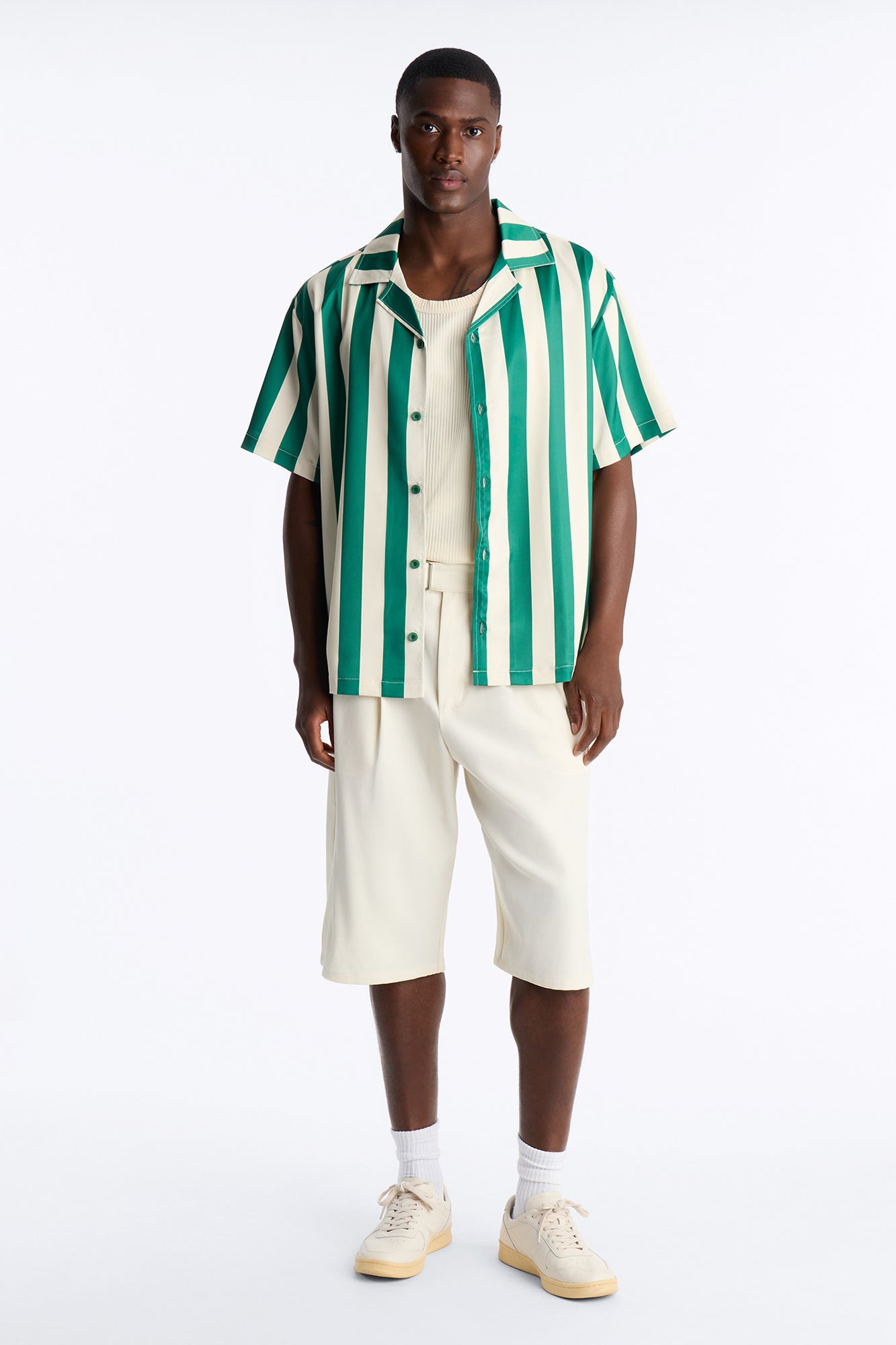Relaxed Palm Resort Striped Cuban Collar Satin Button Up Shirt - Green/combo