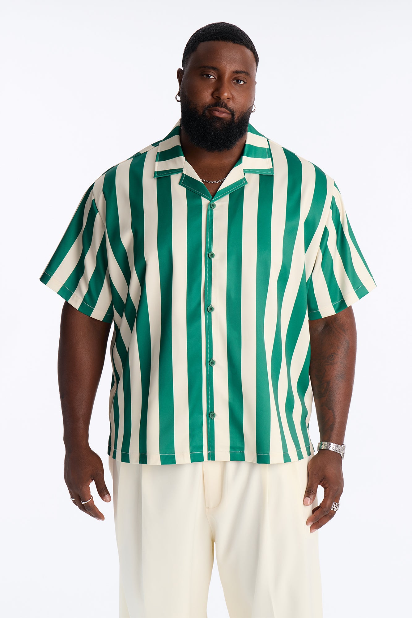 Relaxed Palm Resort Striped Cuban Collar Satin Button Up Shirt - Green/combo