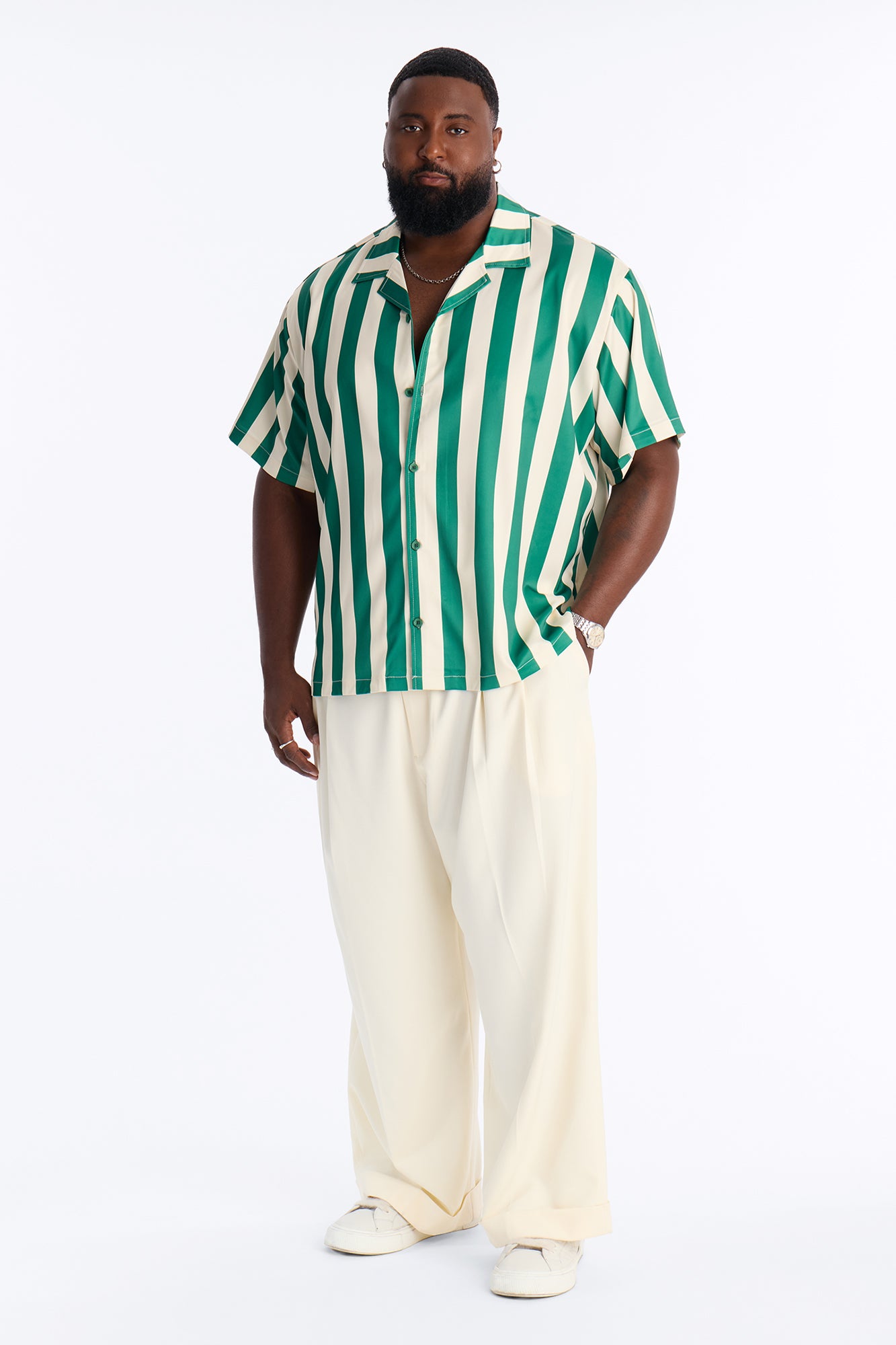 Relaxed Palm Resort Striped Cuban Collar Satin Button Up Shirt - Green/combo
