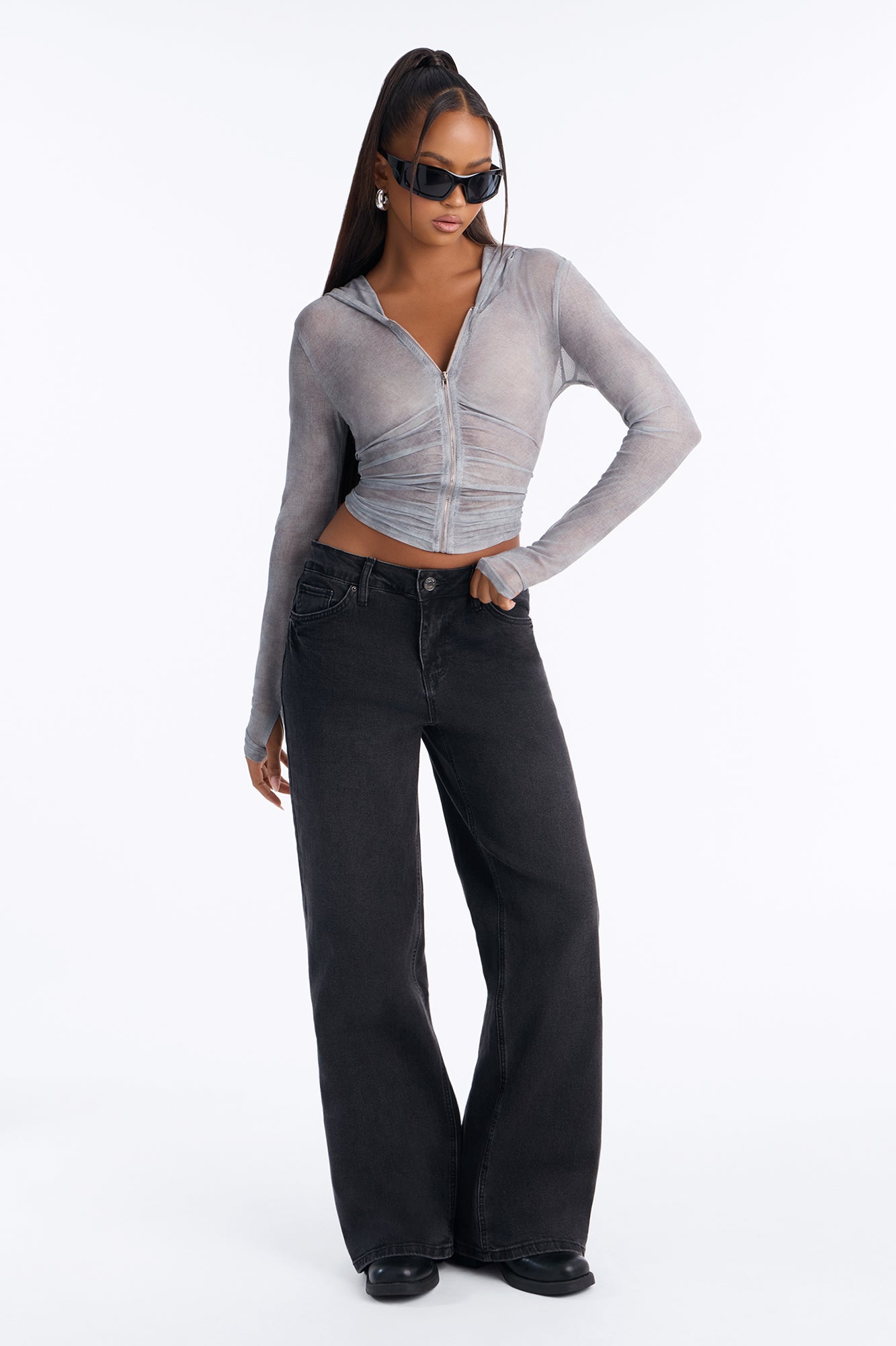 Out Of Touch Mid Drop Waist Wide Leg Jeans - Black Wash