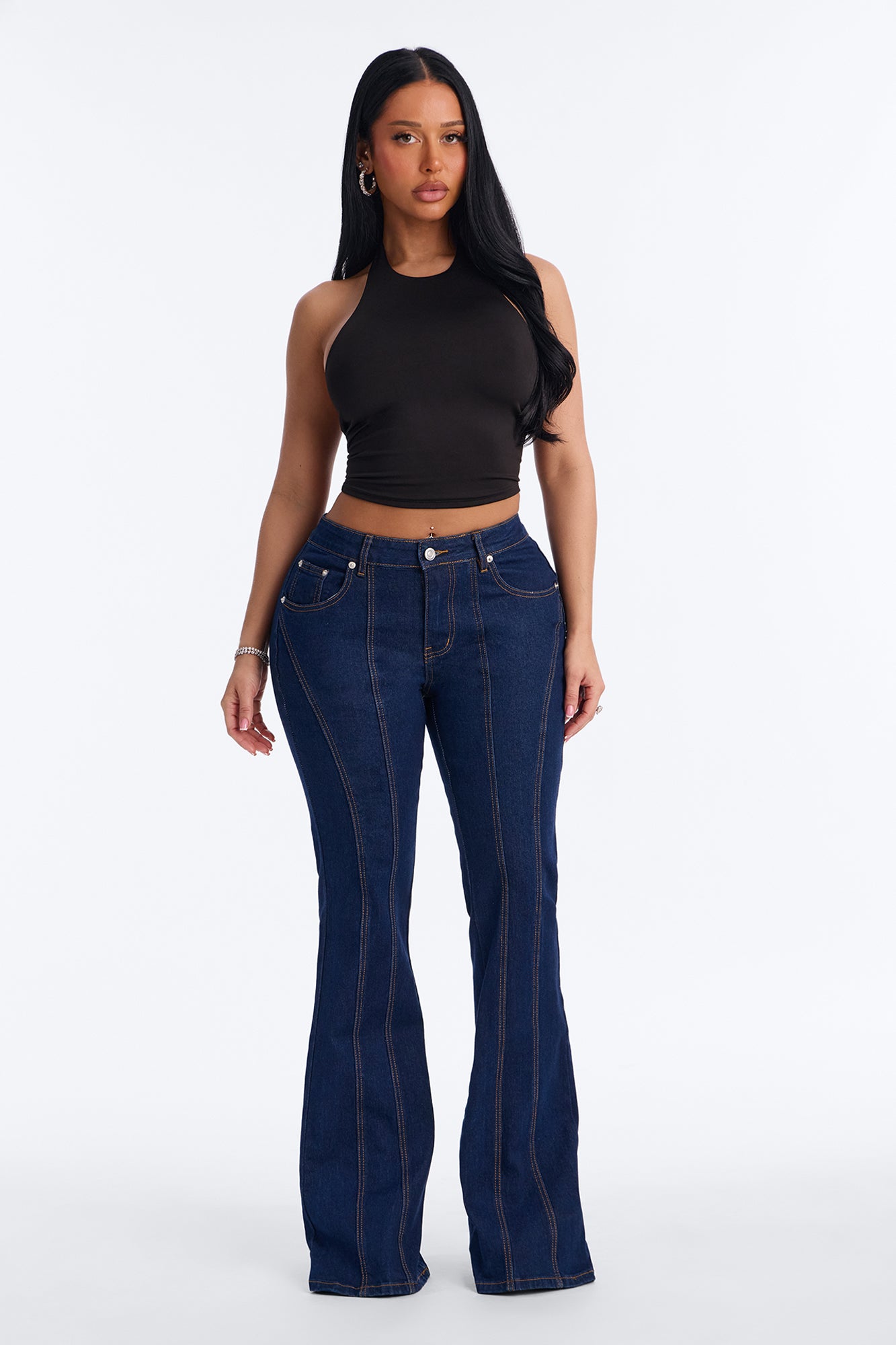 Long Way Home Stretch Flare Leg Jeans - Dark Denim