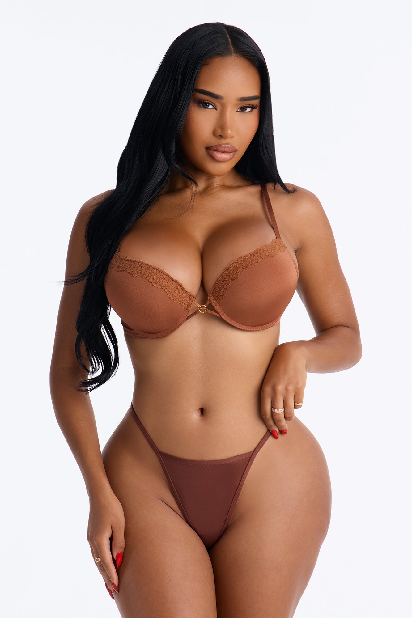 Shiny Finish Microfiber Lace Trim Push Up Bra - Brown/combo