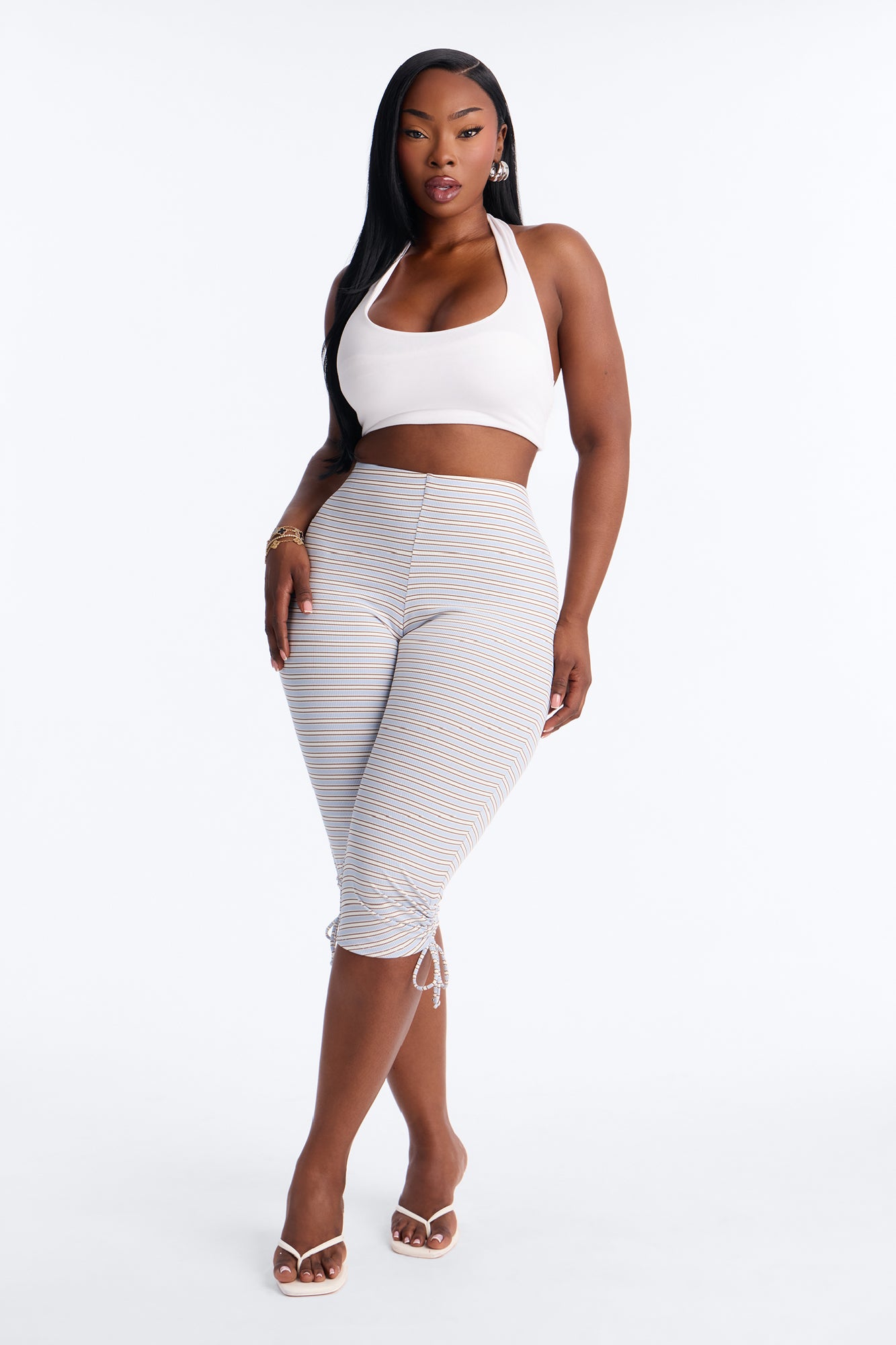 Rowen Mid Rise Ruched Ribbed Capri Leggings - Blue/combo