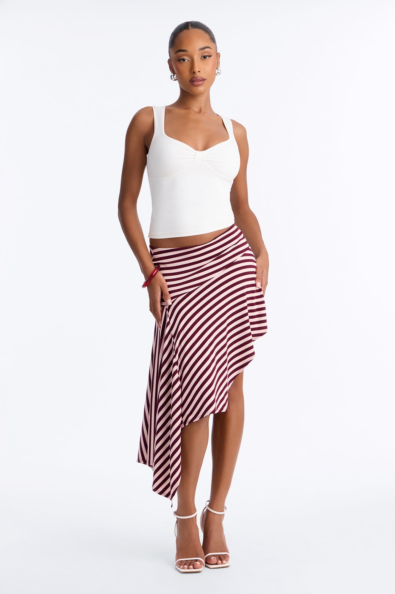 Mischa Striped Asymmetrical Midi Skirt - Burgundy/combo