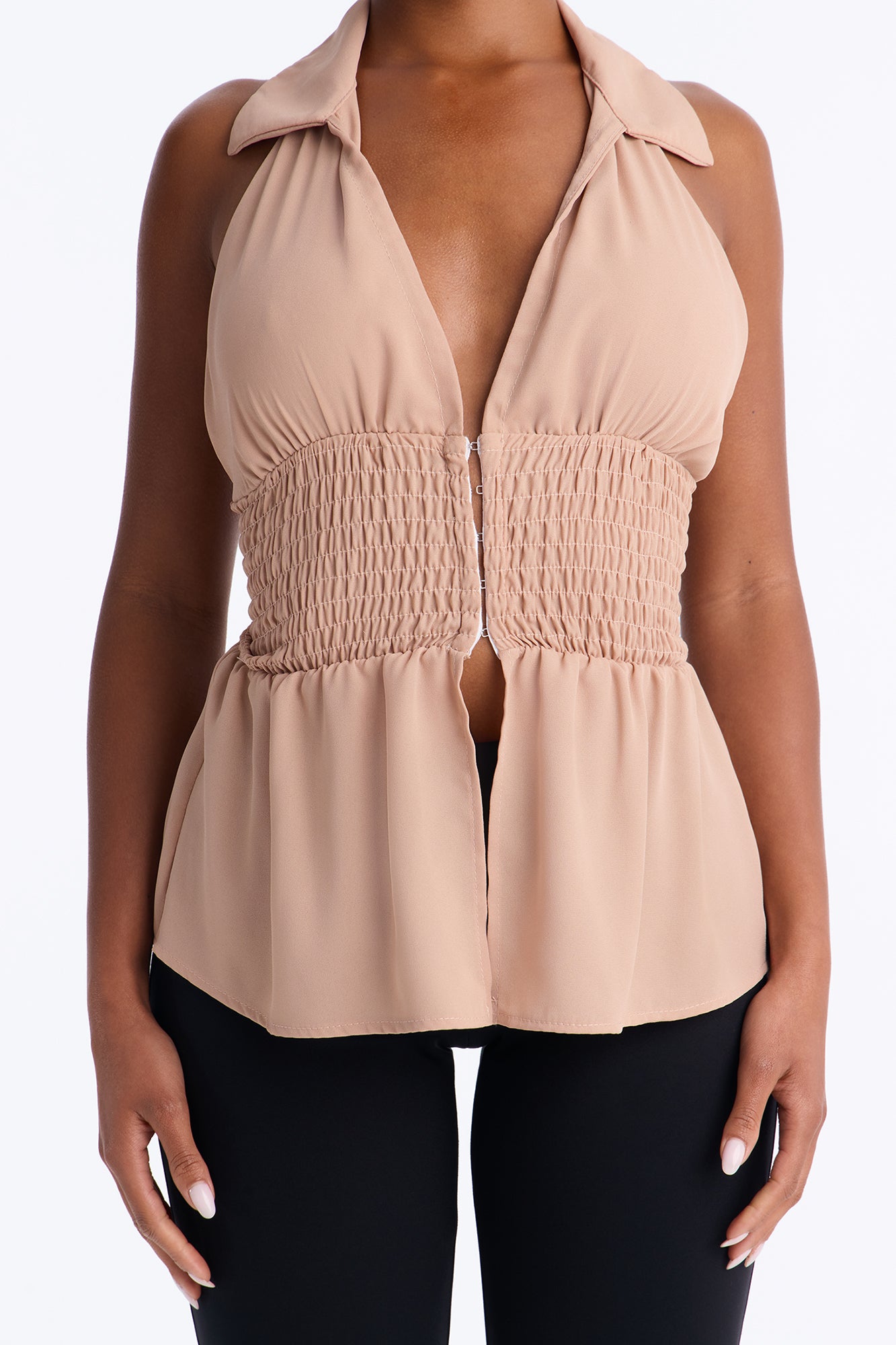 Shantel Backless Smocked Halter Top - Taupe