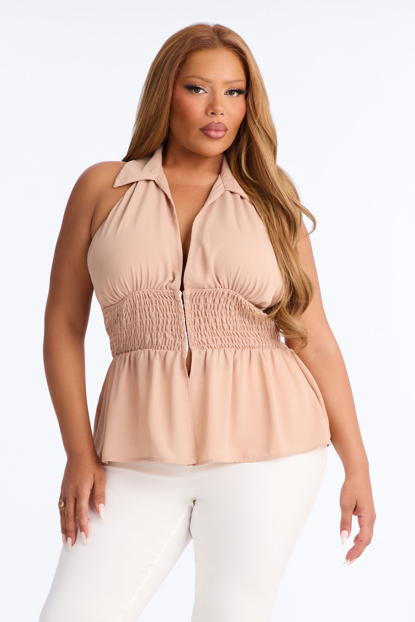 Shantel Backless Smocked Halter Top - Taupe