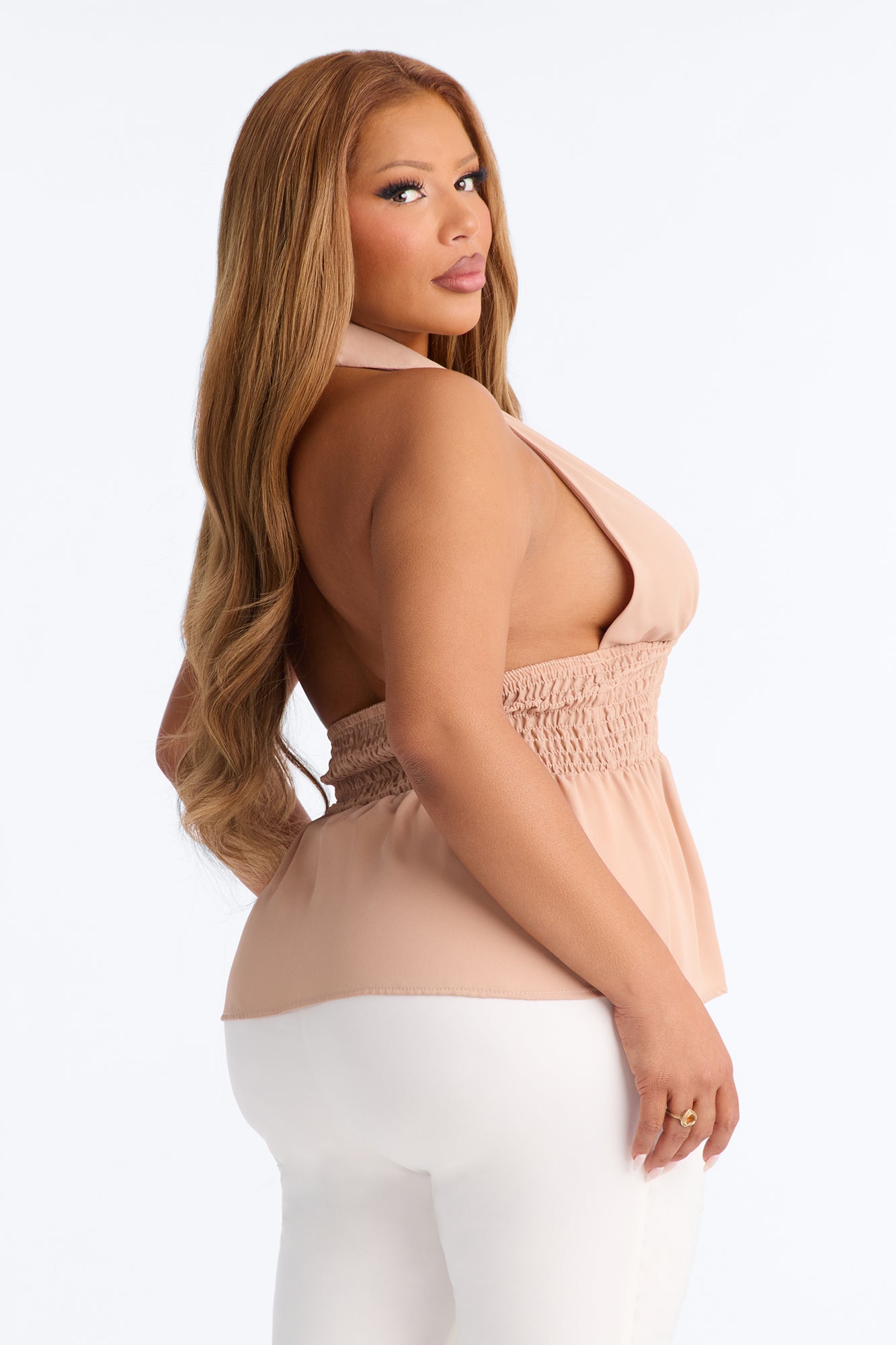 Shantel Backless Smocked Halter Top - Taupe