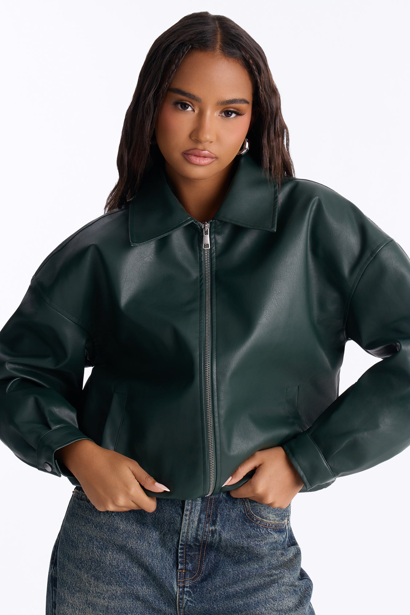 Hustle Mode Oversized Faux Leather Jacket - Hunter