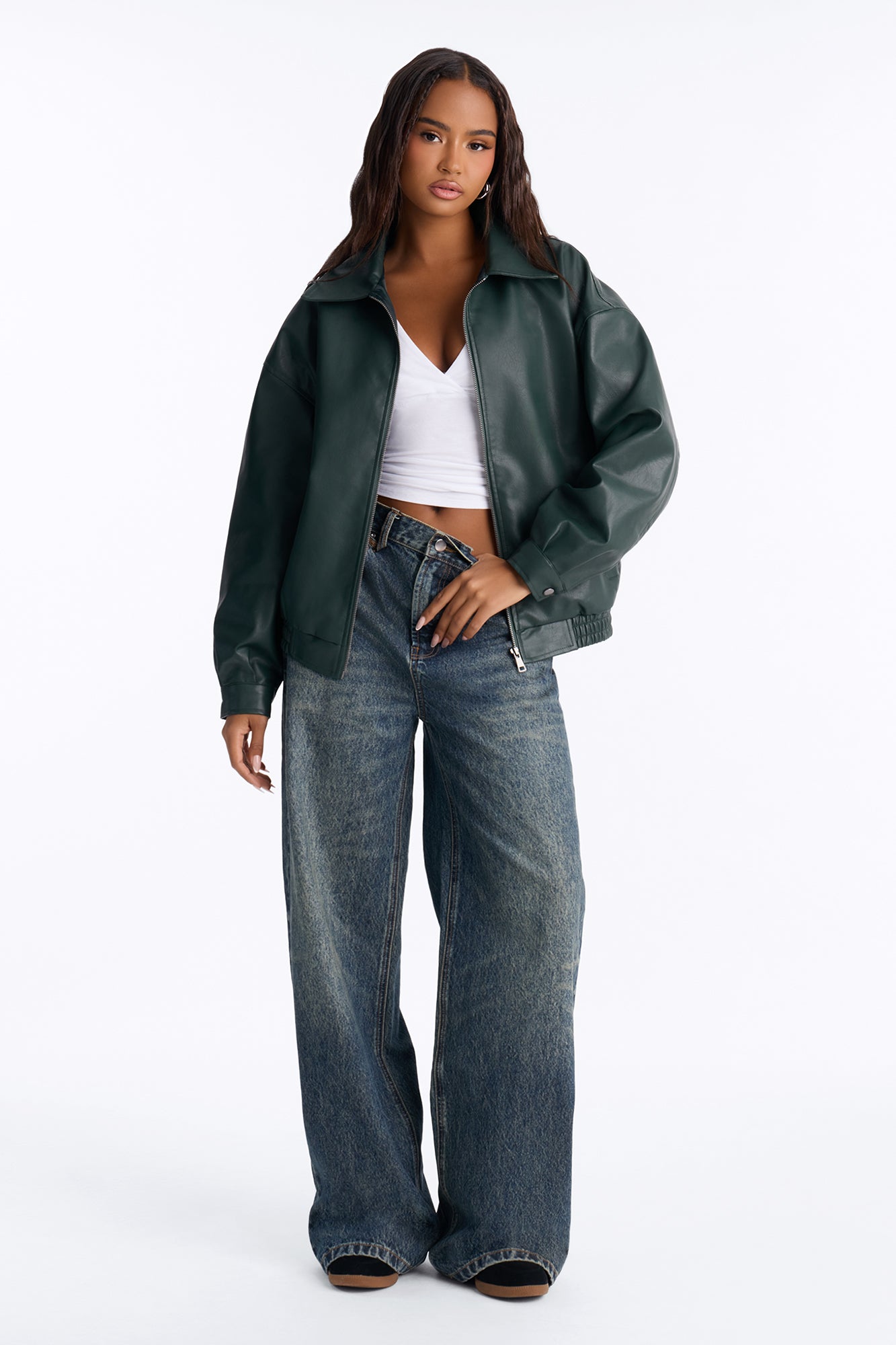 Hustle Mode Oversized Faux Leather Jacket - Hunter