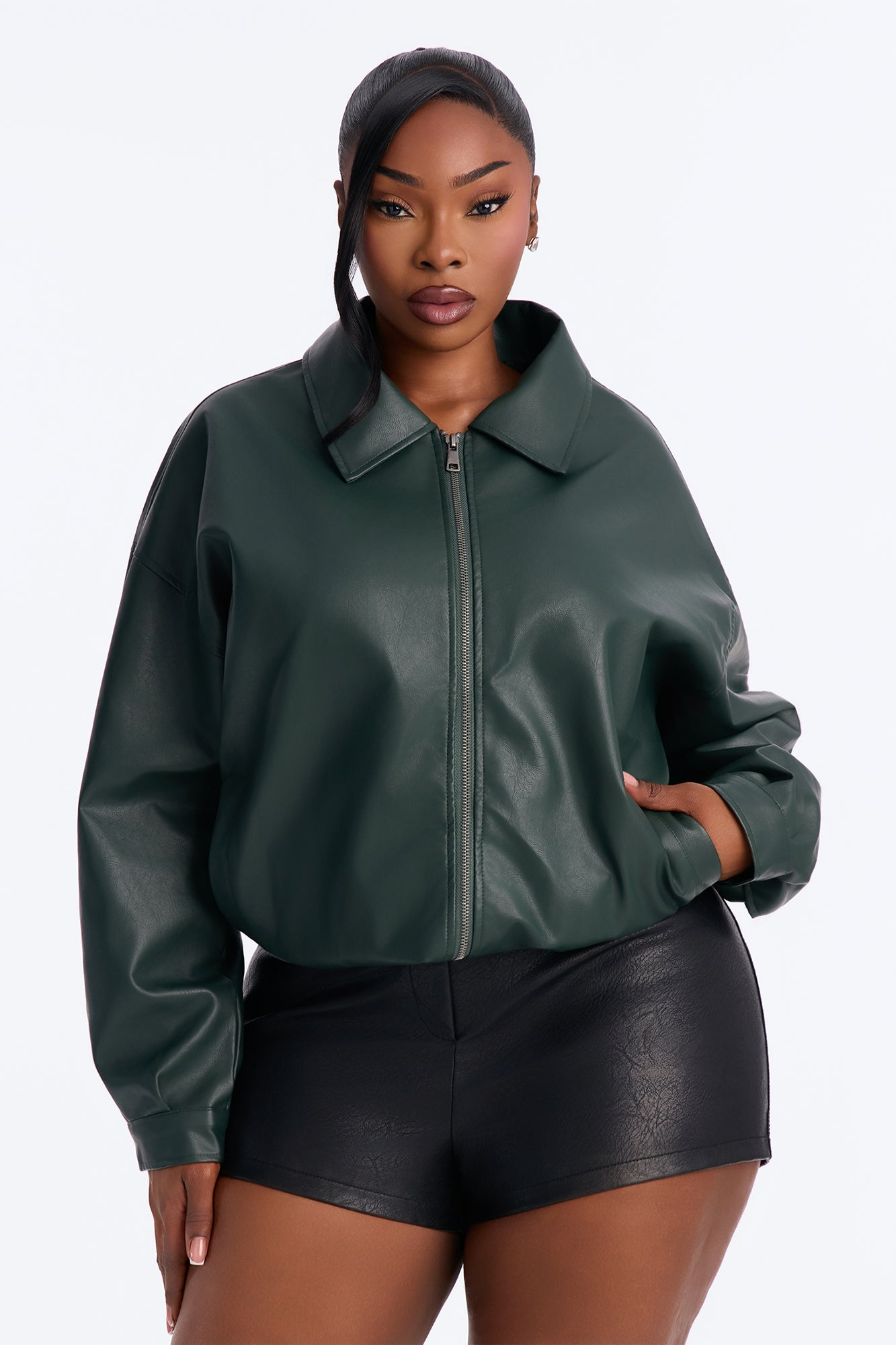 Hustle Mode Oversized Faux Leather Jacket - Hunter