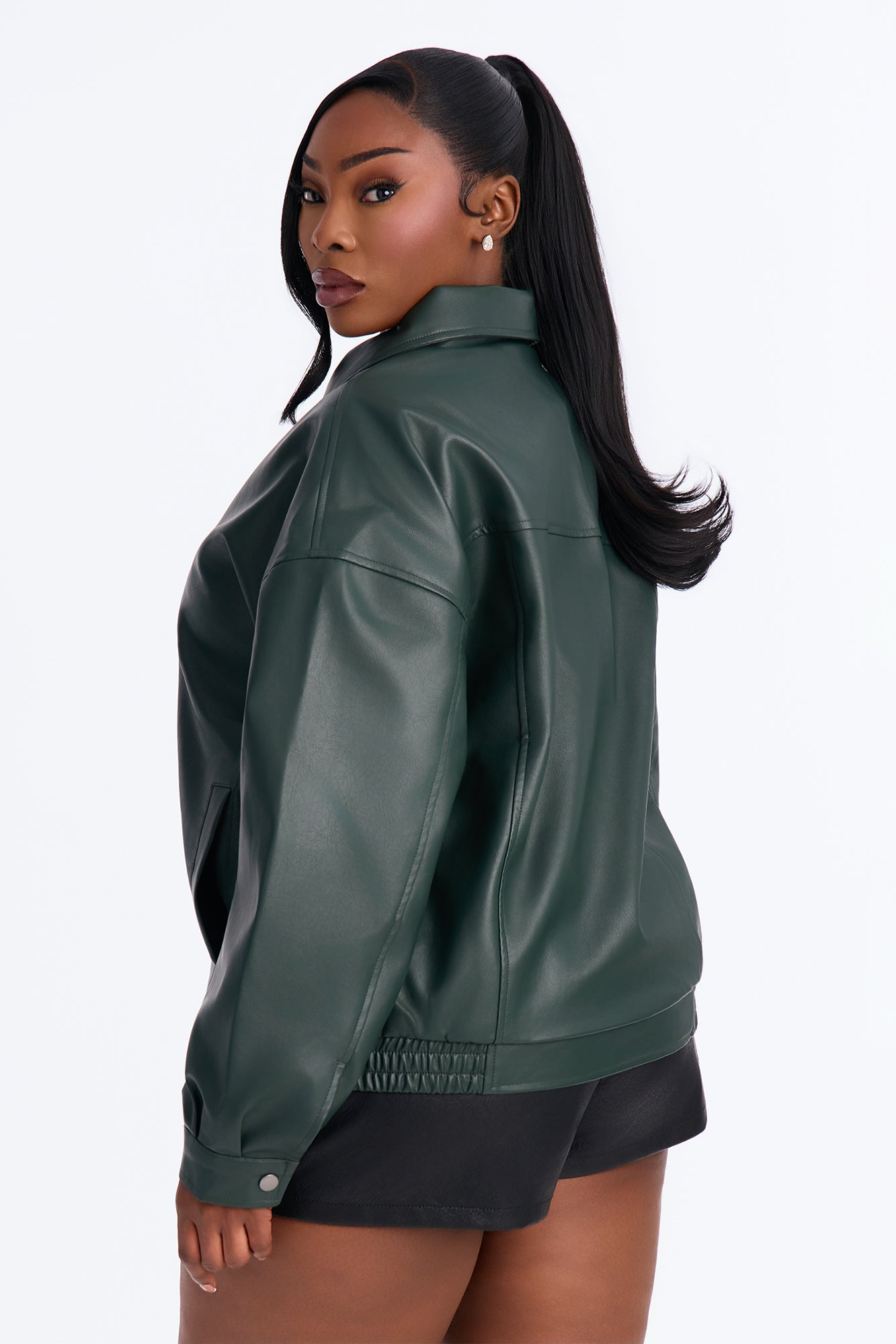 Hustle Mode Oversized Faux Leather Jacket - Hunter