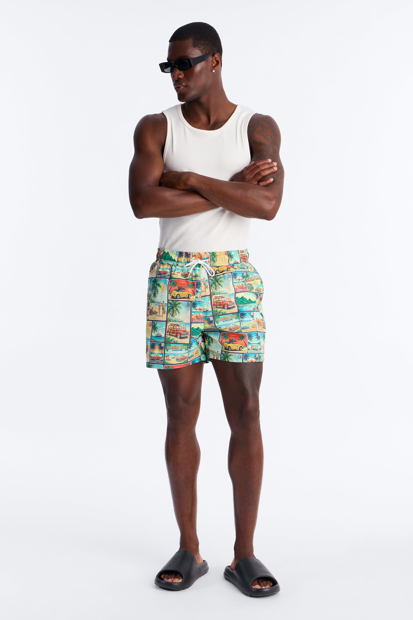 Send Me A Postcard Swim Trunk 4″ - Multi Color