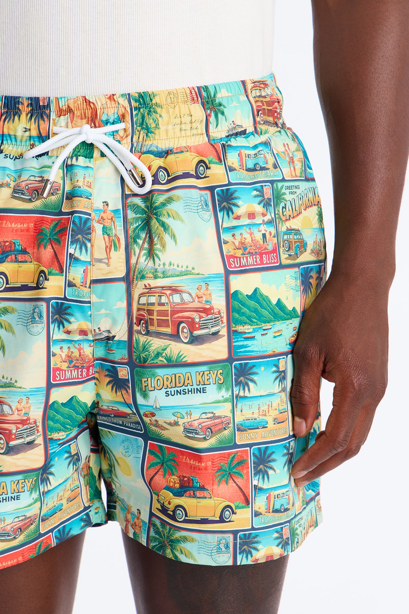 Send Me A Postcard Swim Trunk 4″ - Multi Color