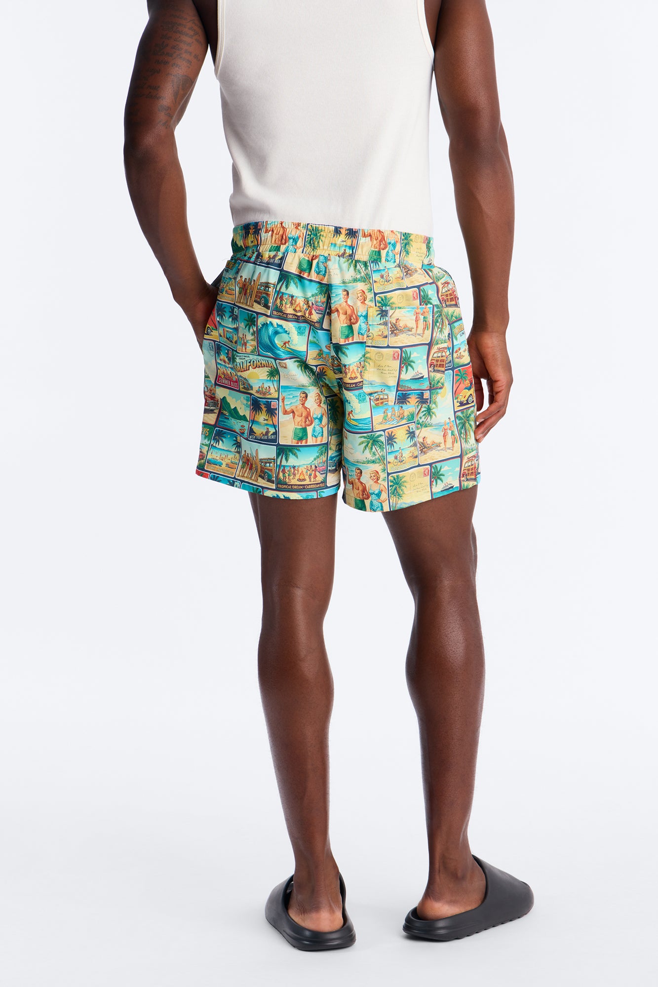 Send Me A Postcard Swim Trunk 4″ - Multi Color