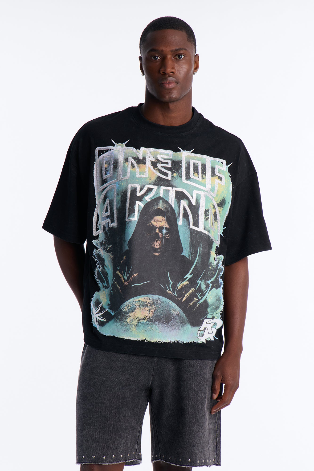 All We Trust Is Us Chenille Heavy Weight Boxy Short Sleeve Tee - Black