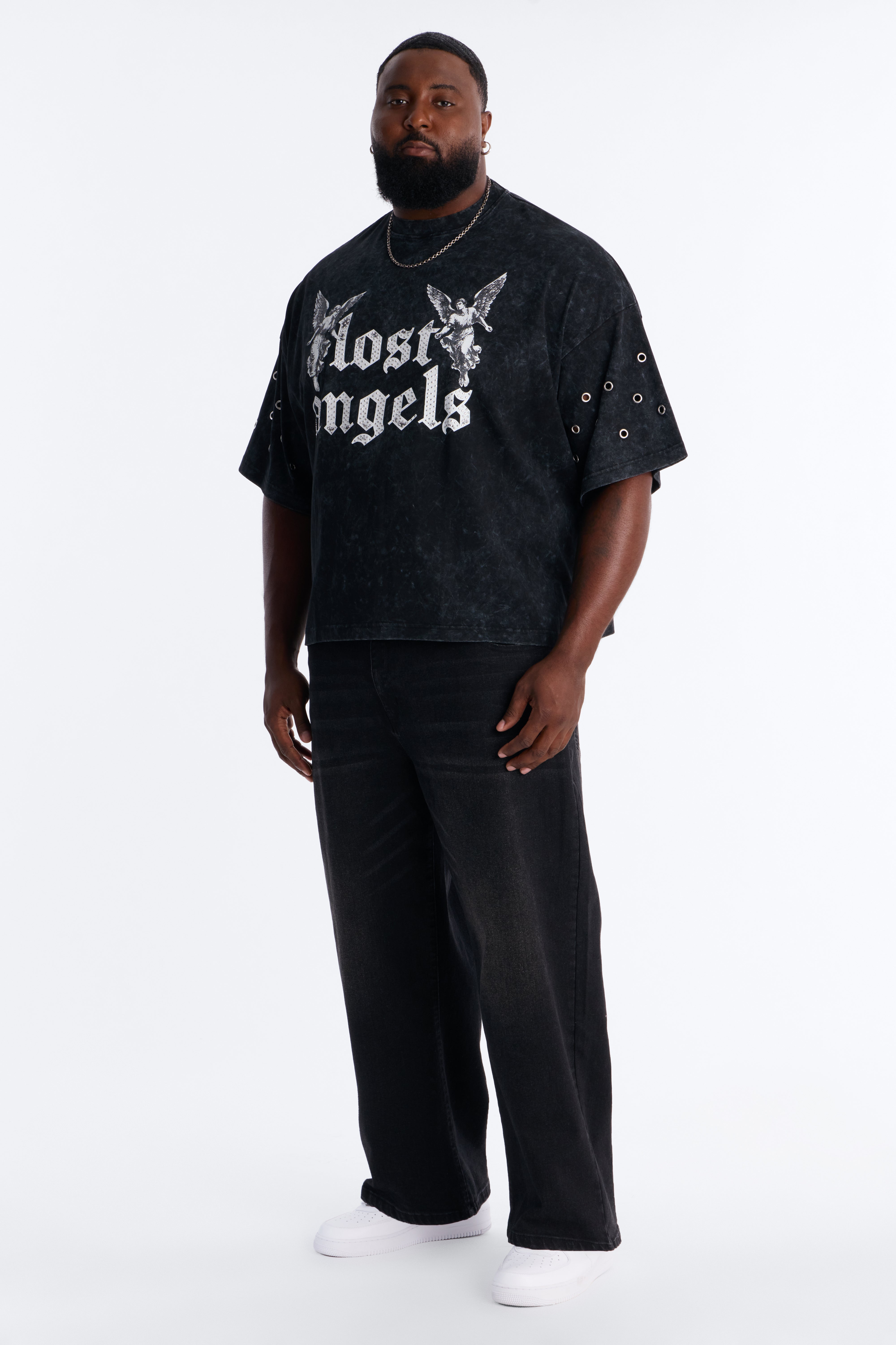 Lost Angels Embroidery Heavy Weight Boxy Short Sleeve Tee - Black