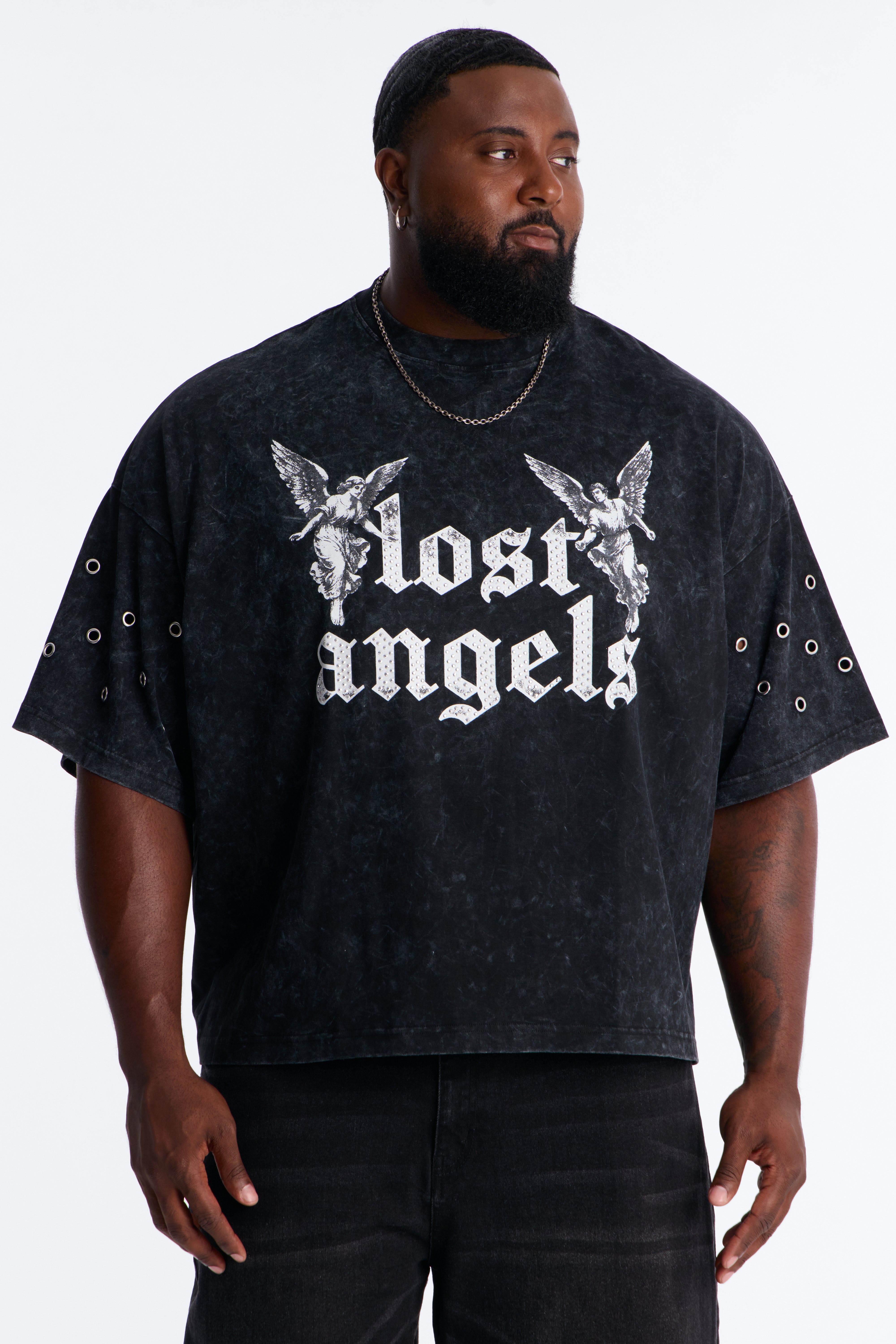 Lost Angels Embroidery Heavy Weight Boxy Short Sleeve Tee - Black