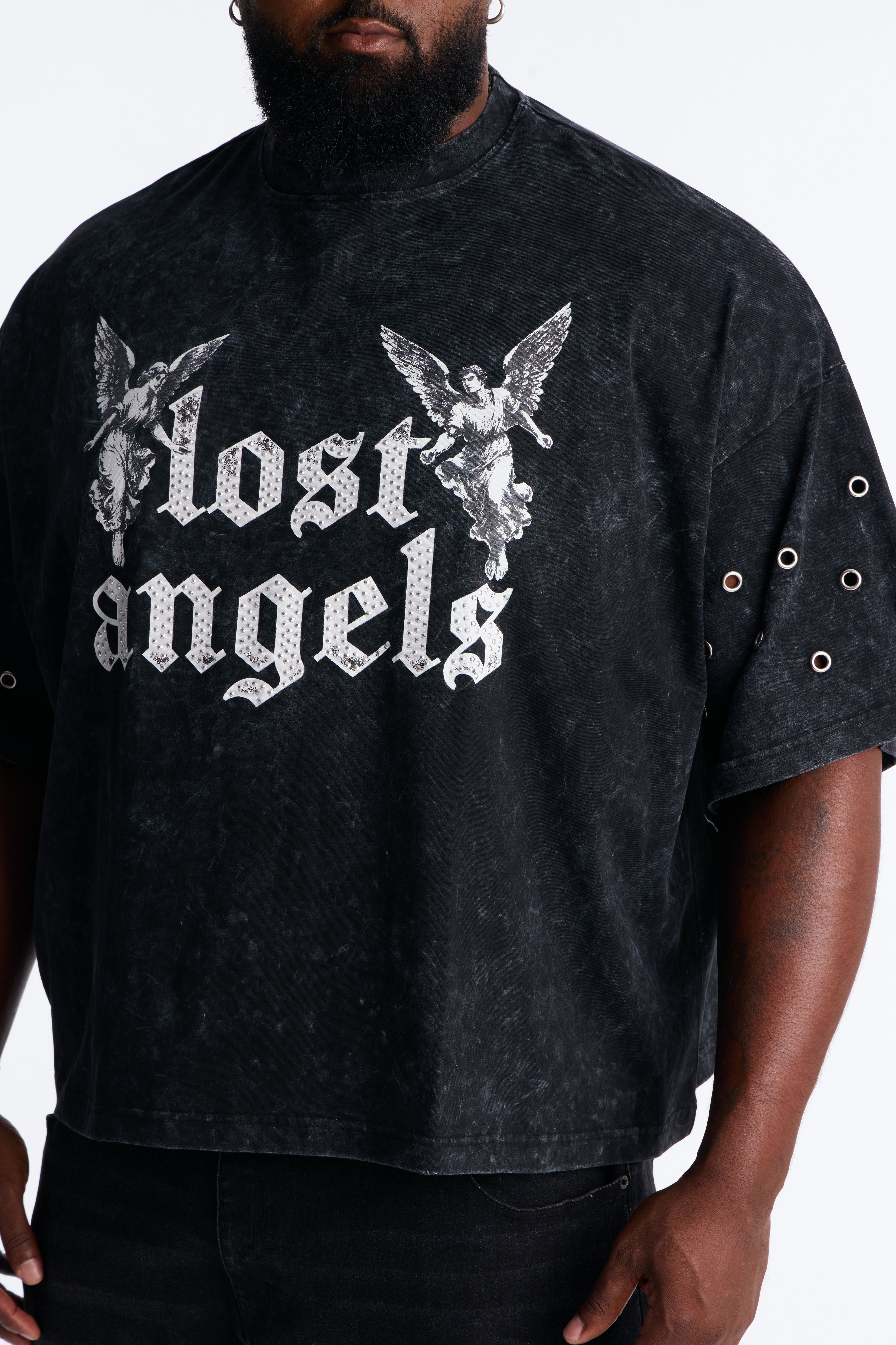 Lost Angels Embroidery Heavy Weight Boxy Short Sleeve Tee - Black