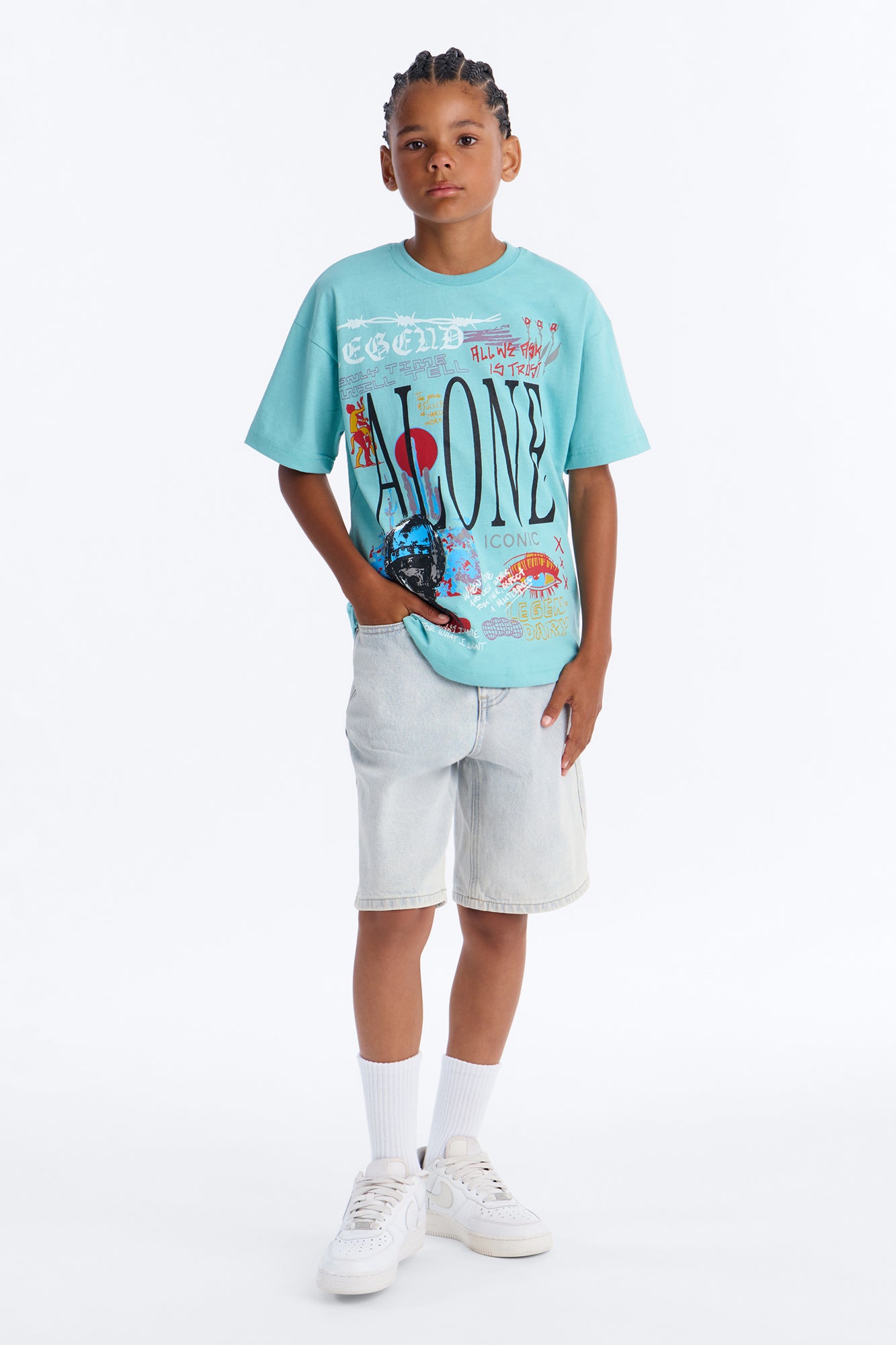 Mini Alone Embroidery Short Sleeve Tee - Blue