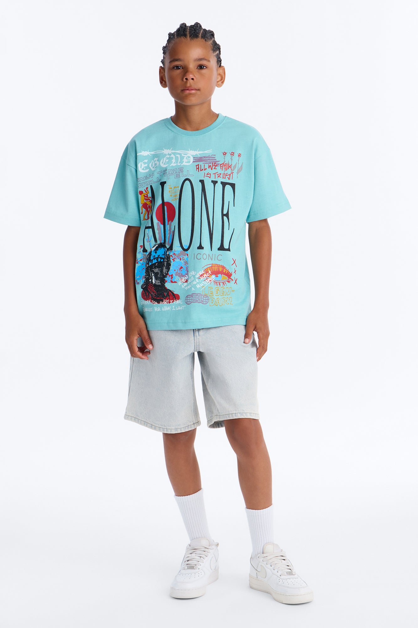 Mini Alone Embroidery Short Sleeve Tee - Blue