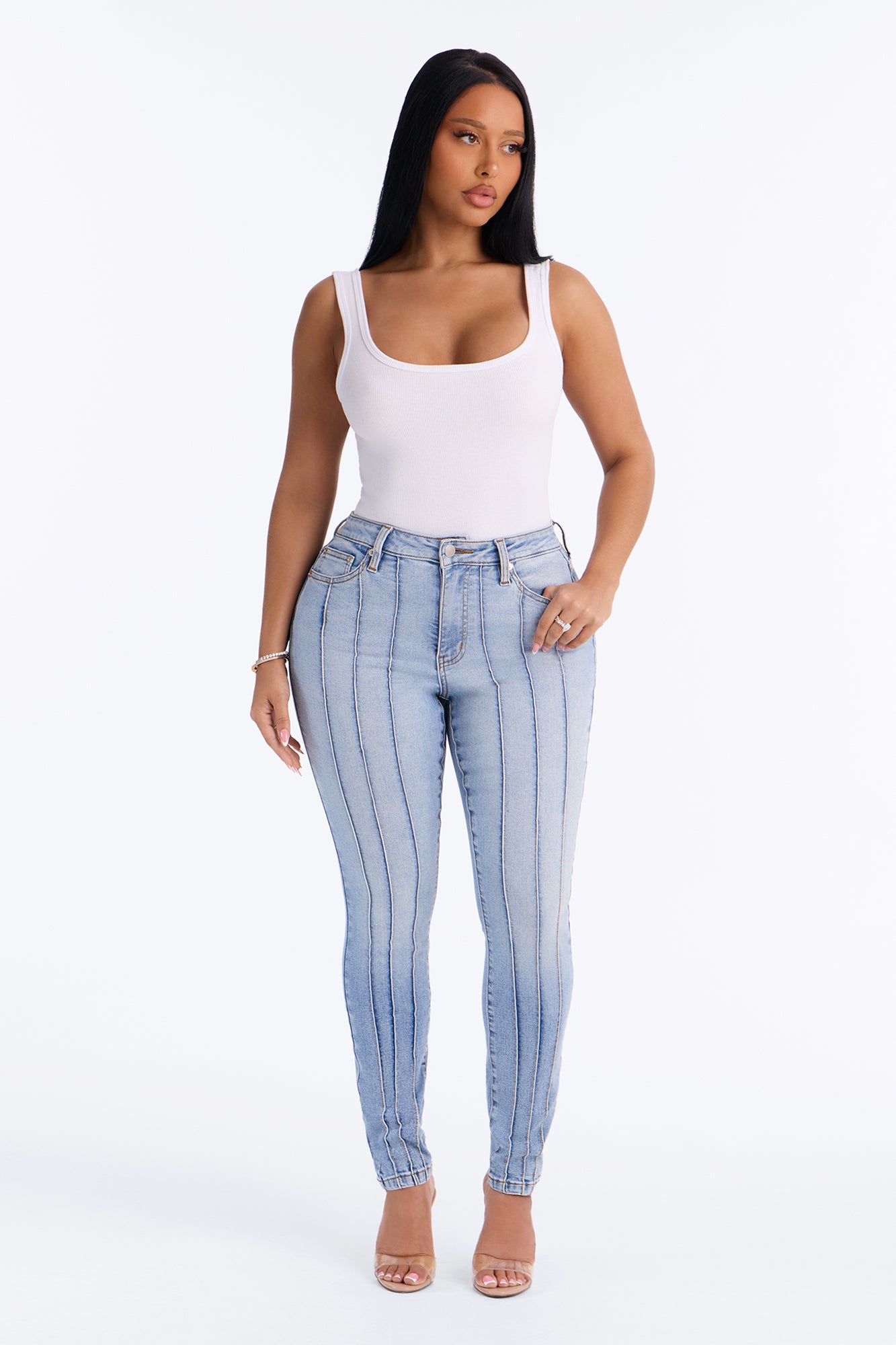 Paris Pintucks High Rise Stretch Skinny Jeans - Light Wash