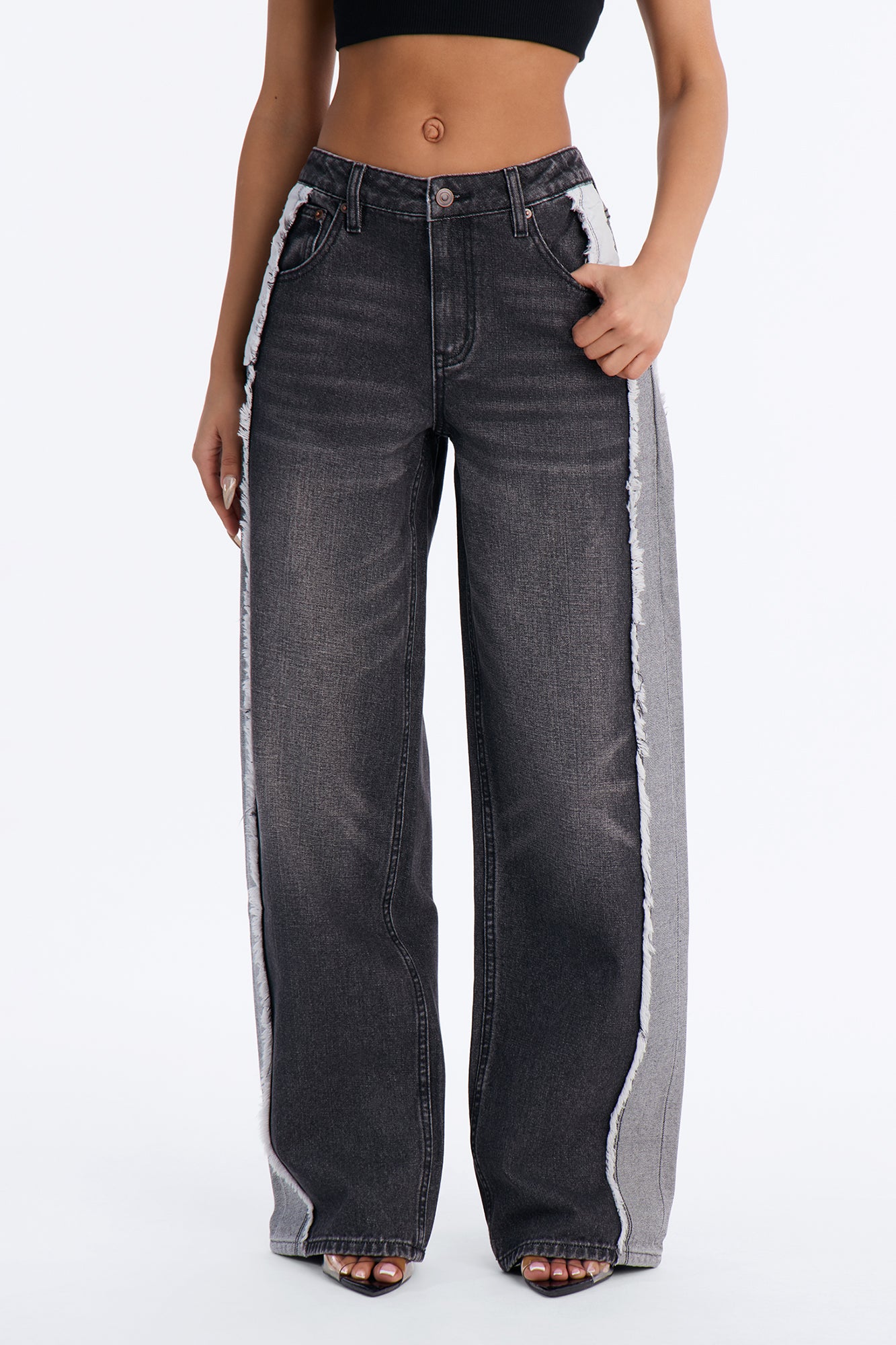In Reverse Inside Out Fray Wide Leg Jeans - Black Wash