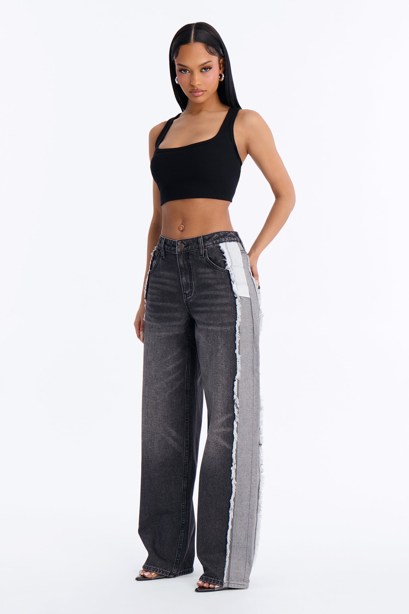 In Reverse Inside Out Fray Wide Leg Jeans - Black Wash