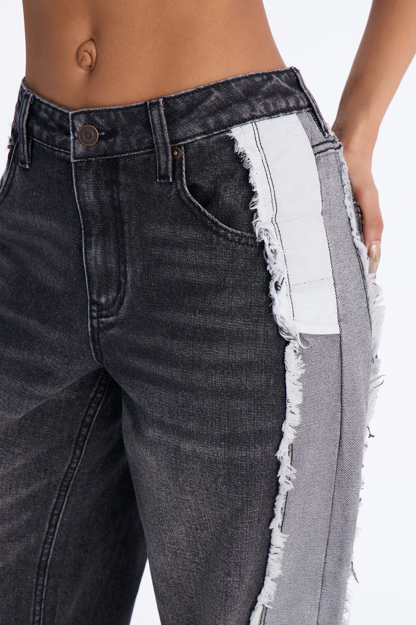 In Reverse Inside Out Fray Wide Leg Jeans - Black Wash
