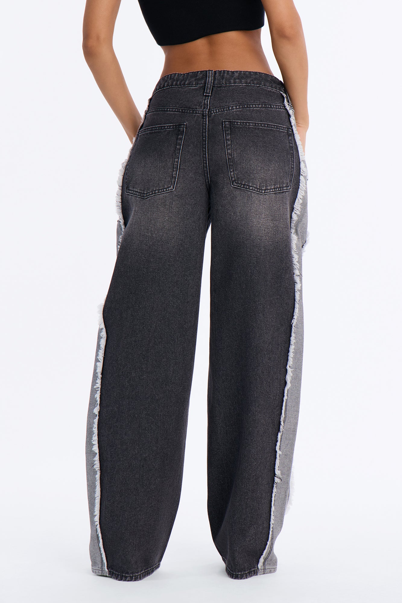 In Reverse Inside Out Fray Wide Leg Jeans - Black Wash