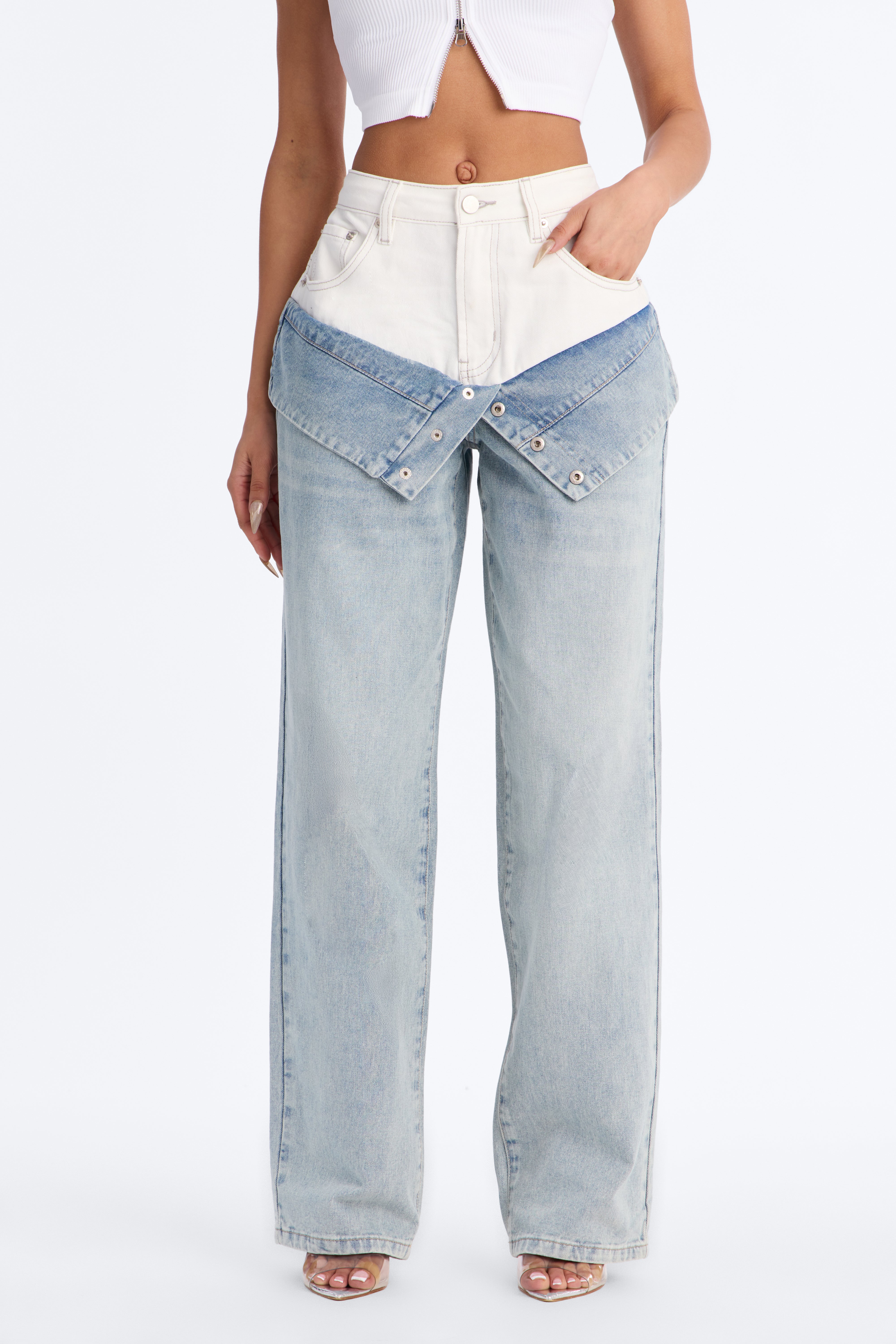 Doubled Up Contrast Denim Foldover Straight Leg Jeans - Light Wash