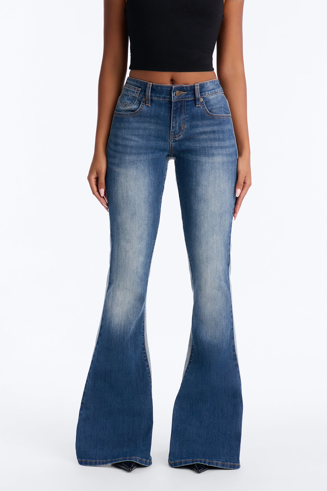 San Marcos Stretch Two Tone Low Rise Flare Jeans - Dark Wash