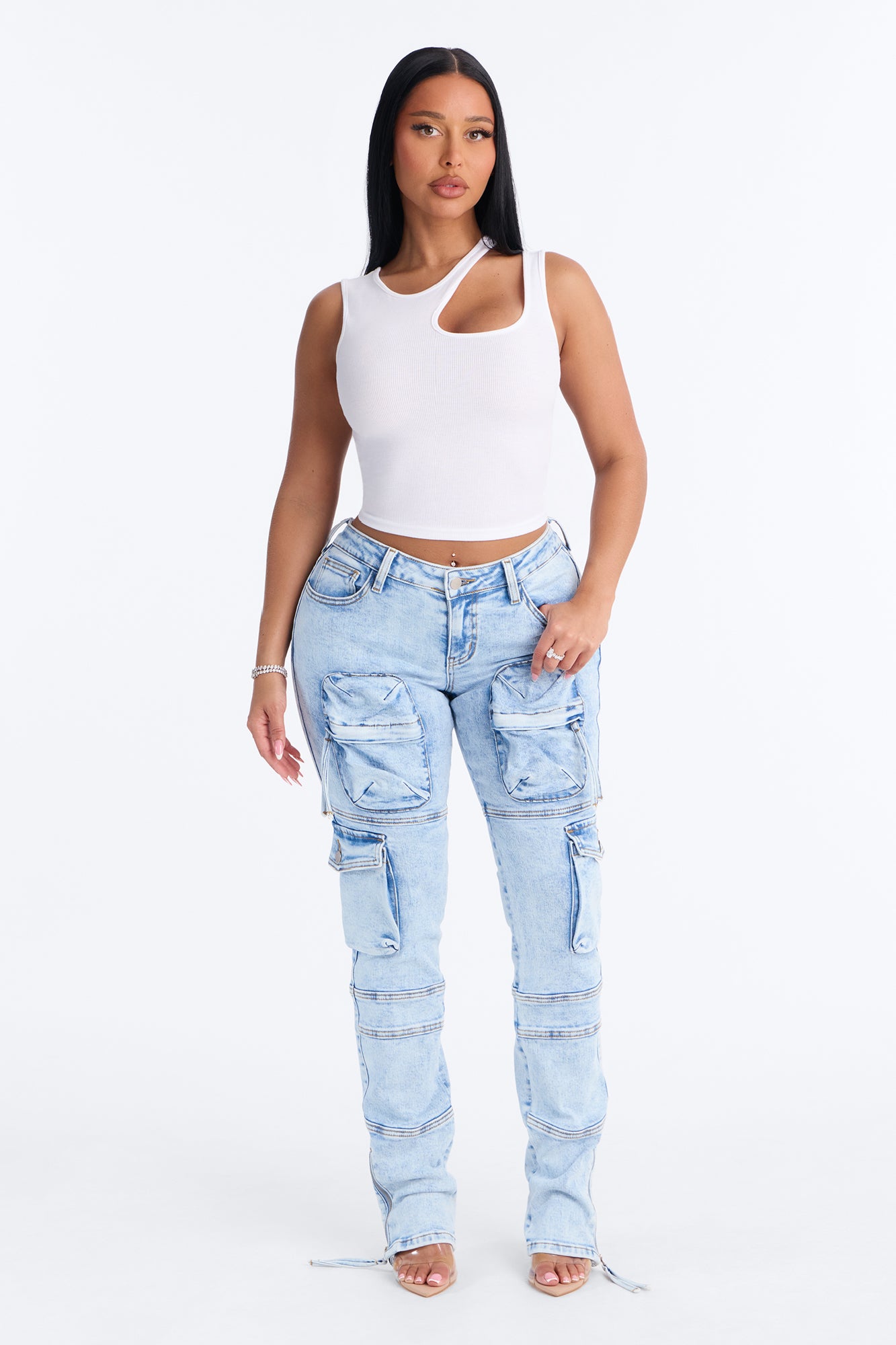 Street Smarts Stretch Slim Straight Cargo Jeans - Light Wash