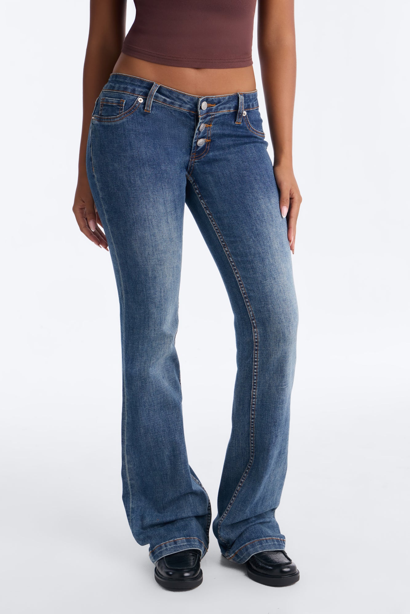 Take A Ride Ultra Low Rise Buttonfly Flare Jeans - Dark Wash