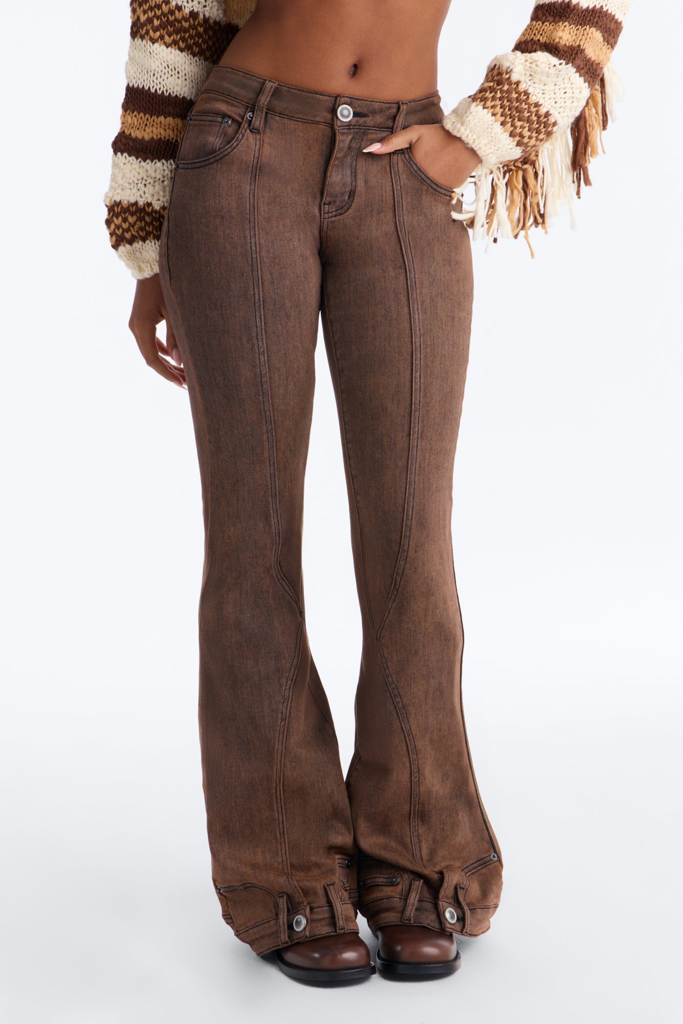A Hot Take Upside Down Low Rise Stretch Flare Jeans - Rust