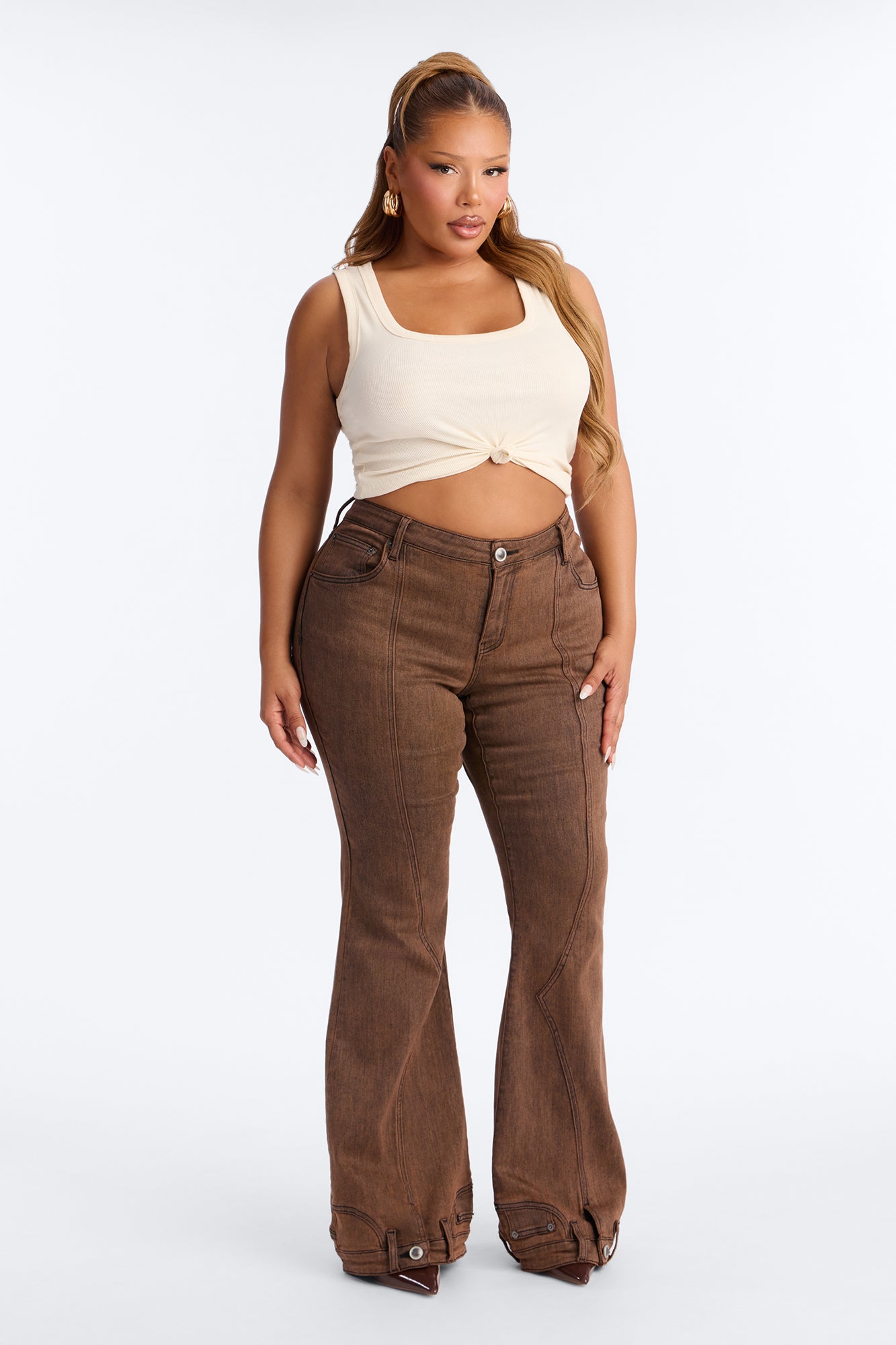 A Hot Take Upside Down Low Rise Stretch Flare Jeans - Rust