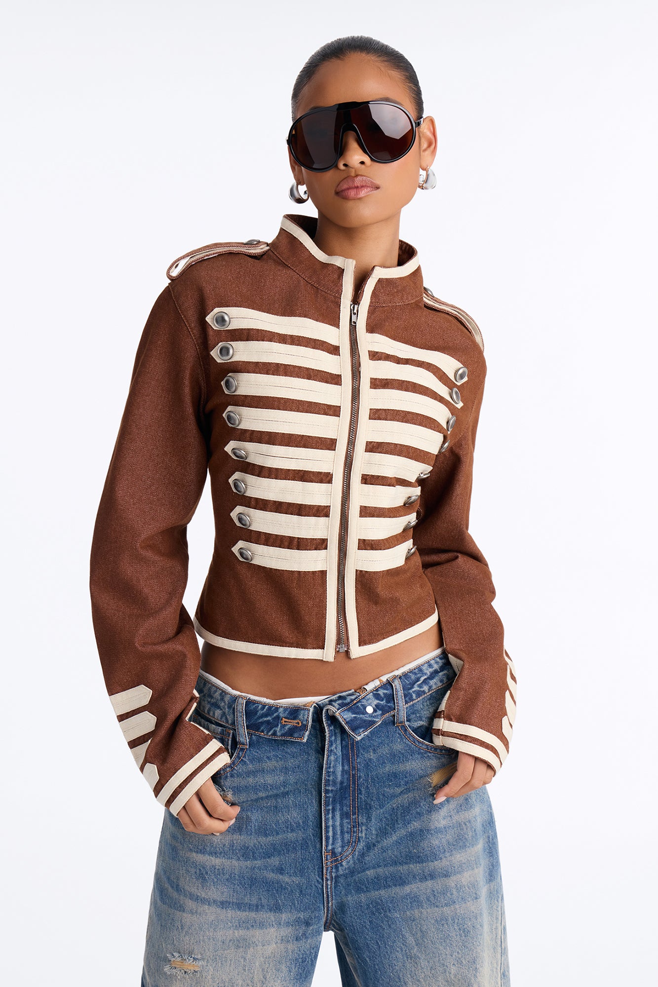 City General Zip Military Denim Jacket - Brown