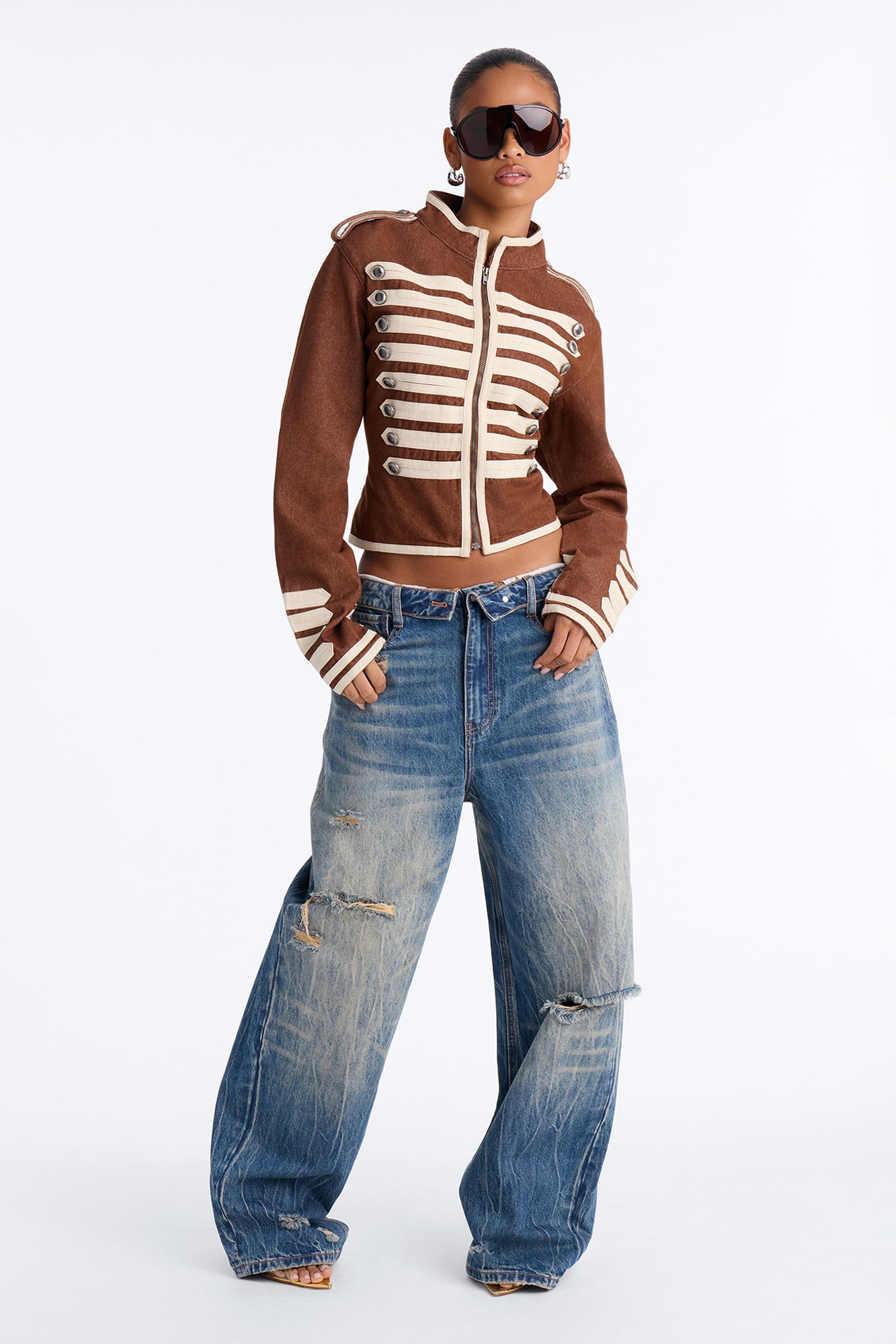 City General Zip Military Denim Jacket - Brown