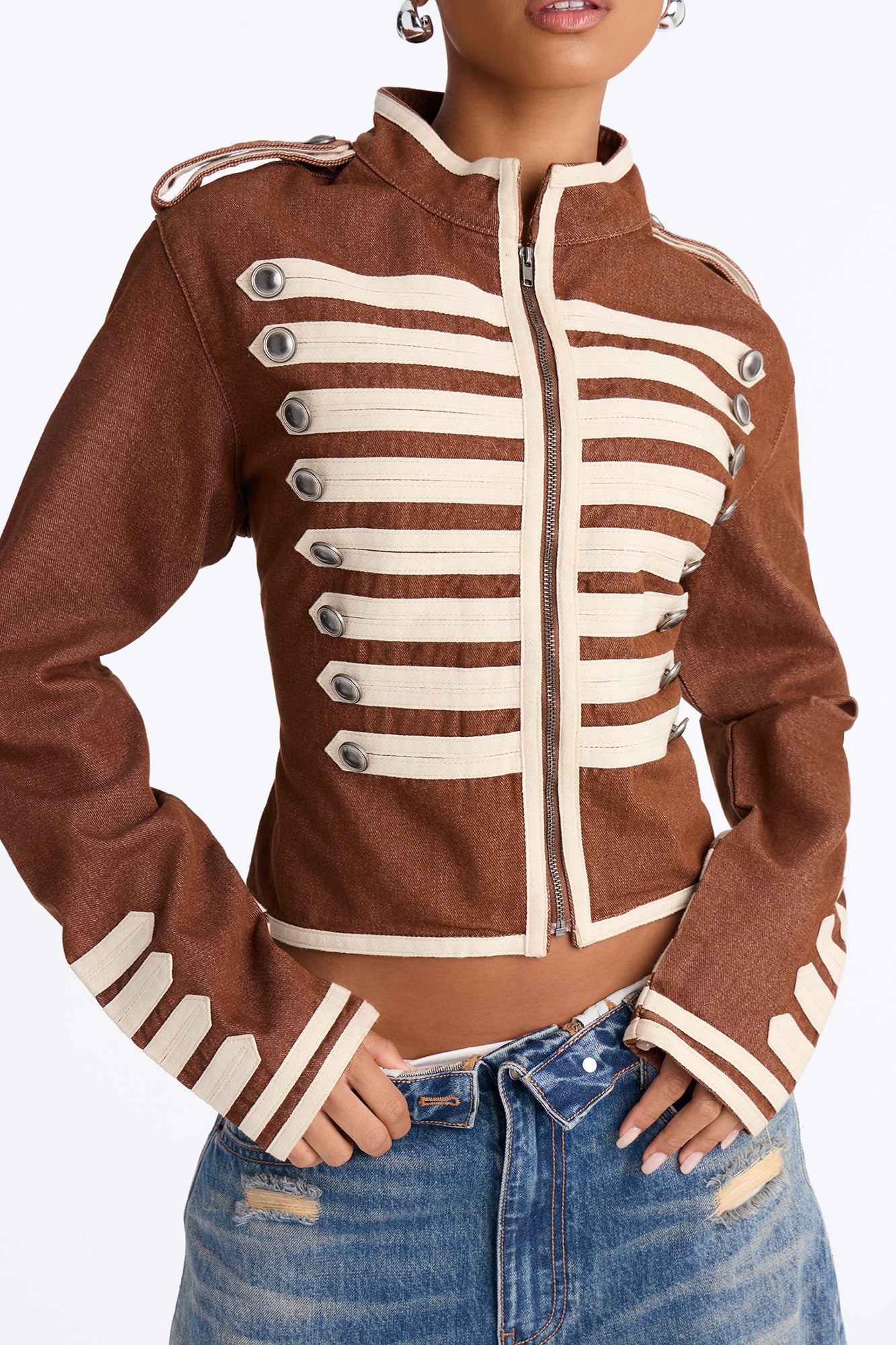 City General Zip Military Denim Jacket - Brown