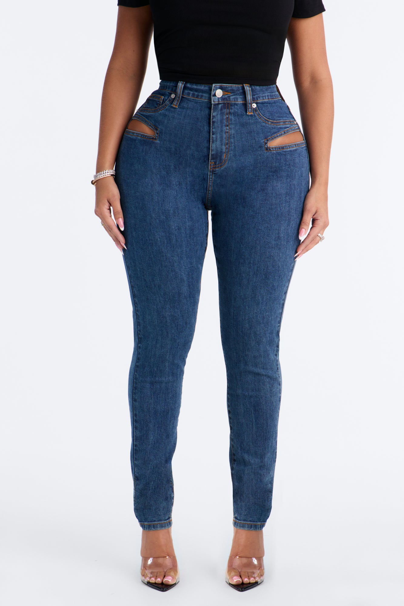 Late Nights Cut Out High Rise Skinny Jeans - Dark Wash