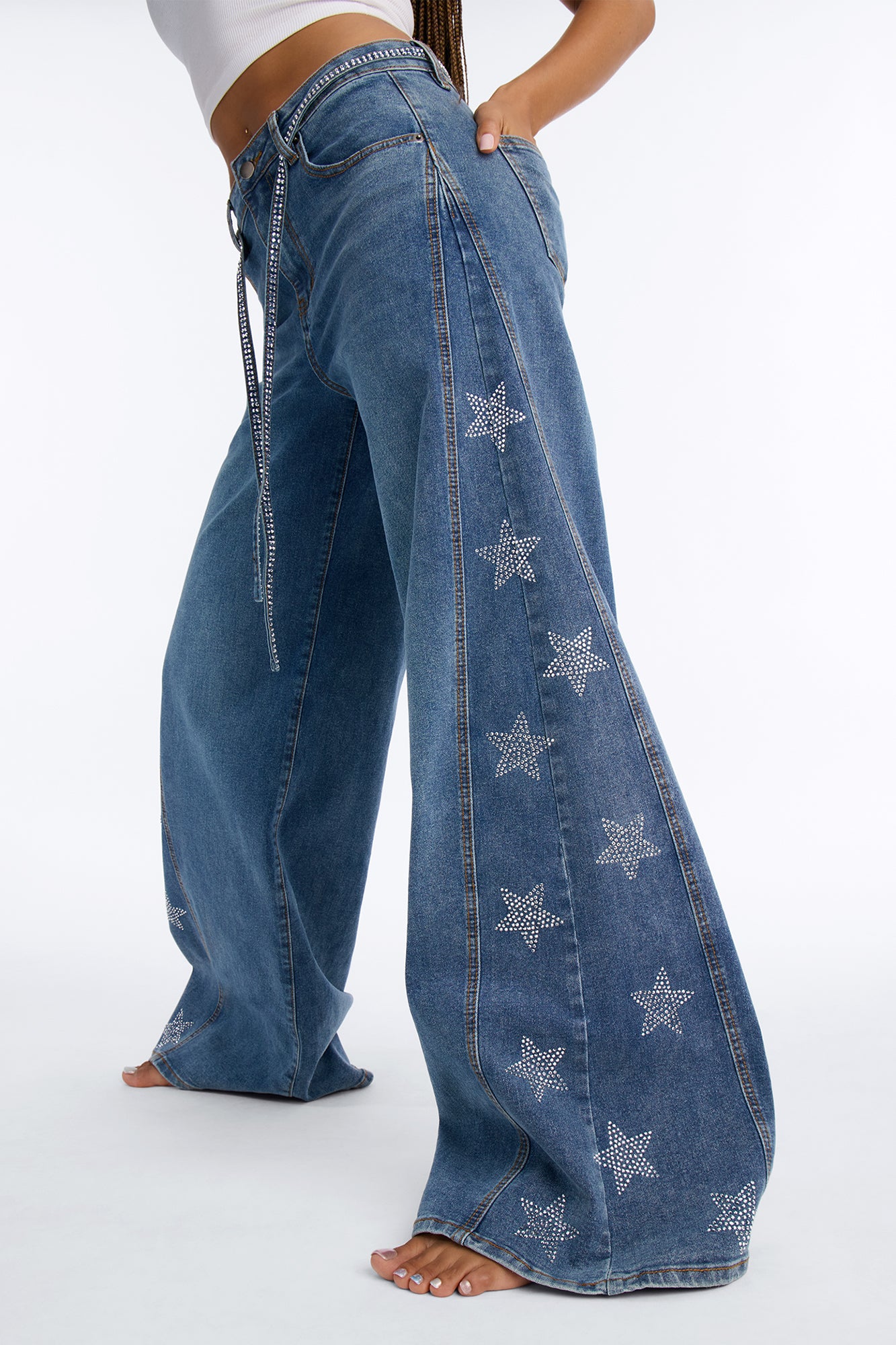 Seeing Stars Embellished Belted Wide Leg Jeans - Medium Wash