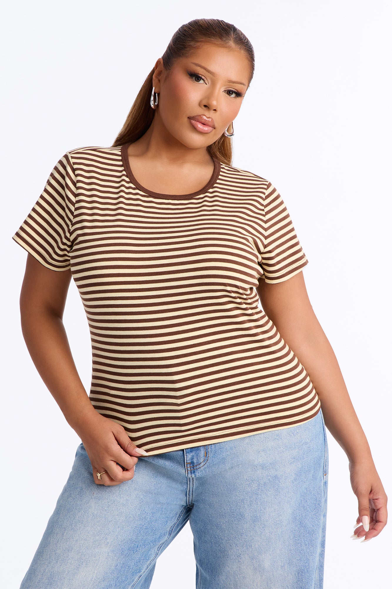 Taylor Striped Crew Neck Short Sleeve Top - Brown/combo