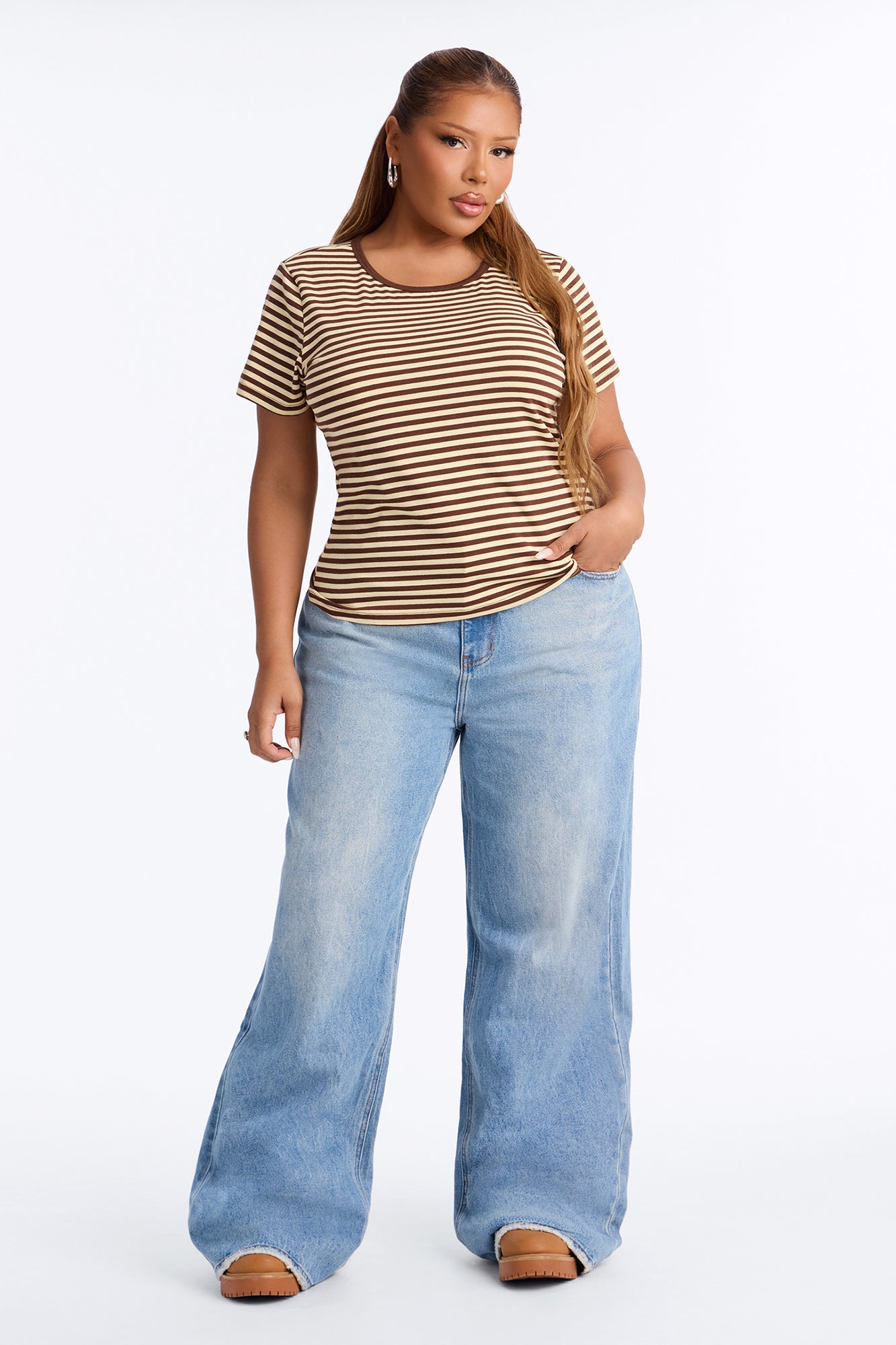 Taylor Striped Crew Neck Short Sleeve Top - Brown/combo