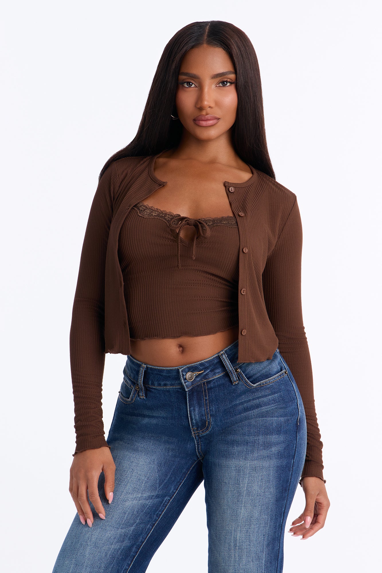 Gracie 2PC Cardigan And Tank Top - Brown